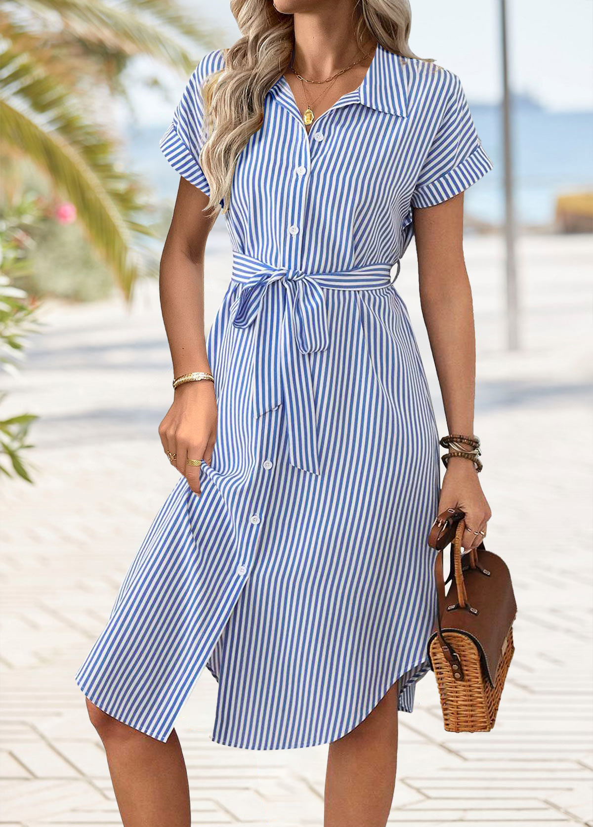 Blue Tummy Coverage Striped Belted Short Sleeve Dress | picture 