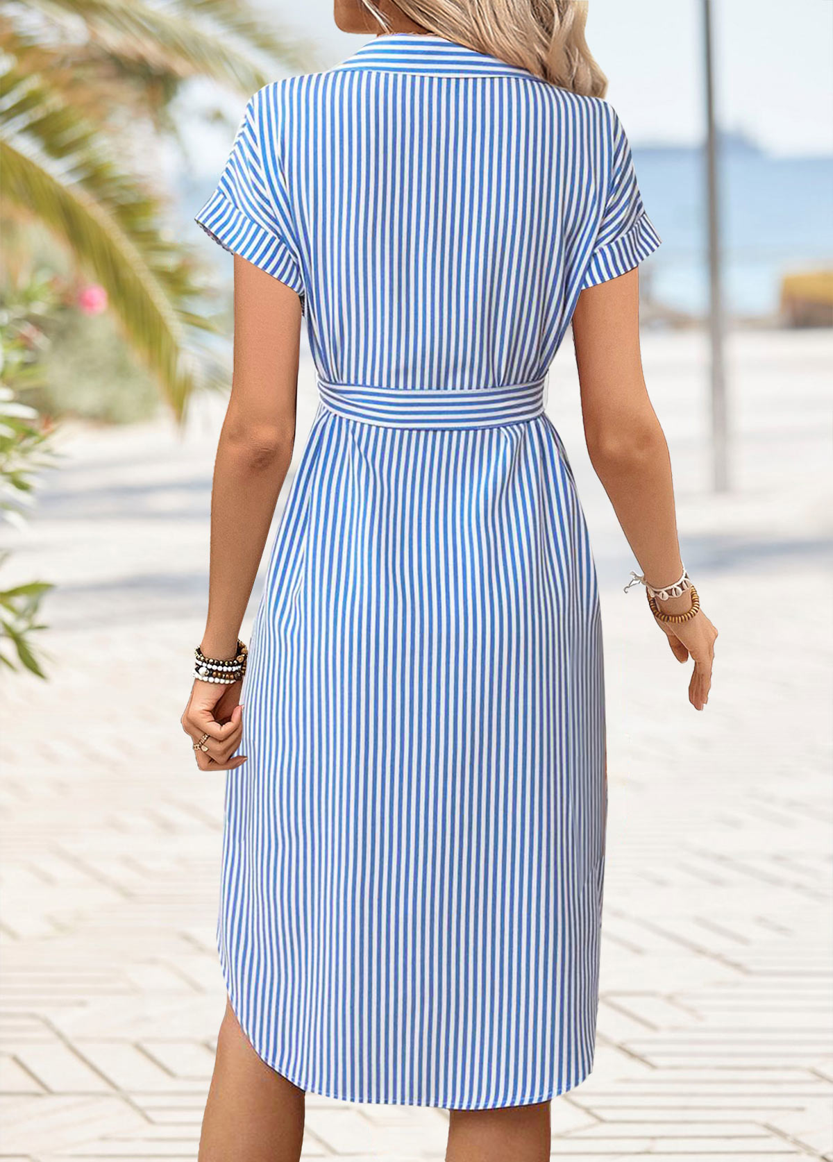 Blue Tummy Coverage Striped Belted Short Sleeve Dress | picture 
