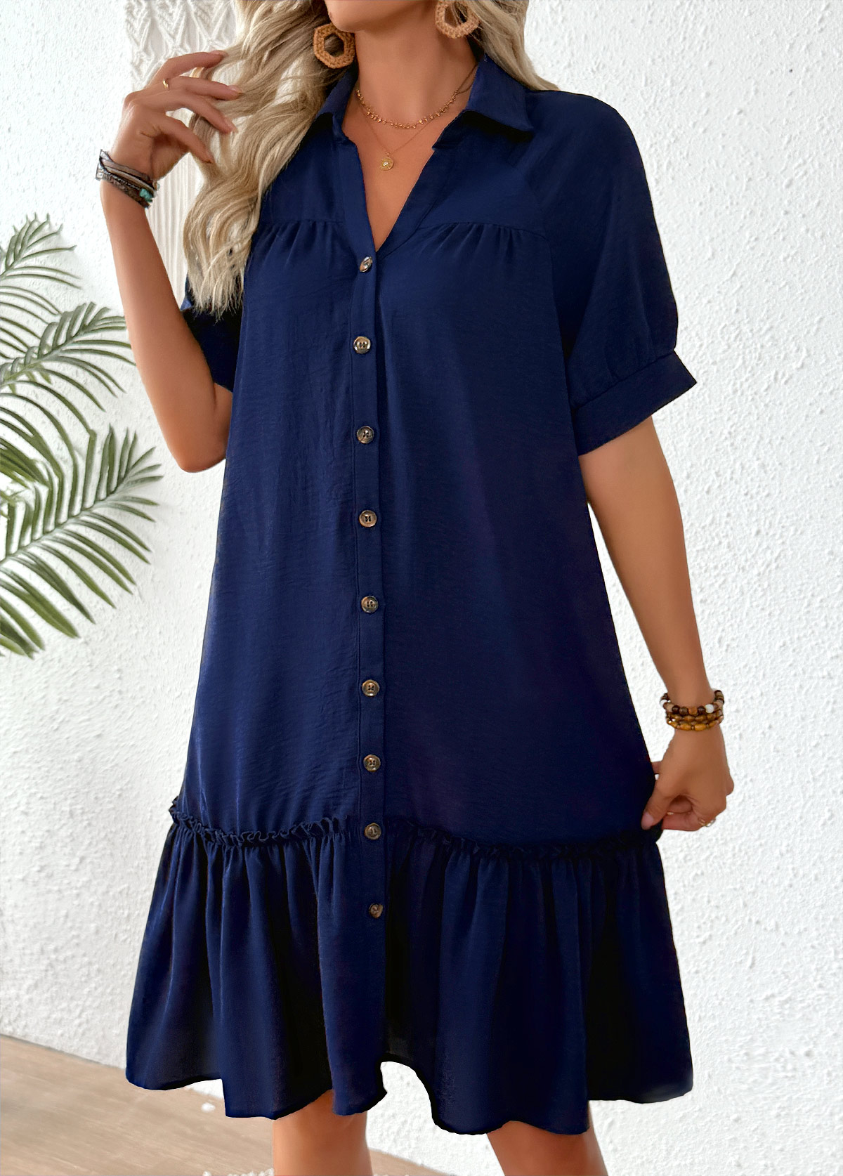 Navy Patchwork Half Sleeve Shirt Collar Dress | picture 