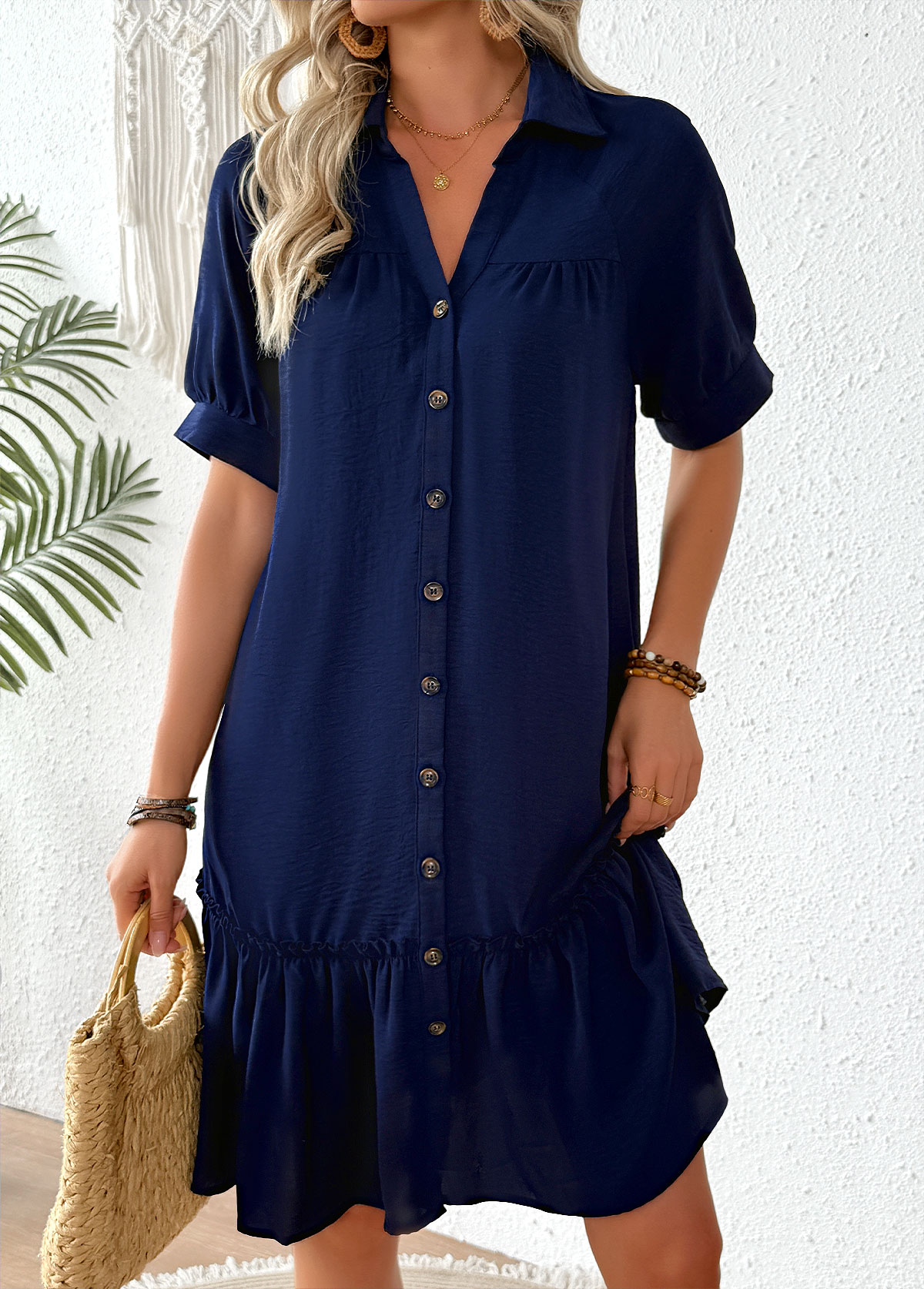 Navy Patchwork Half Sleeve Shirt Collar Dress | picture 