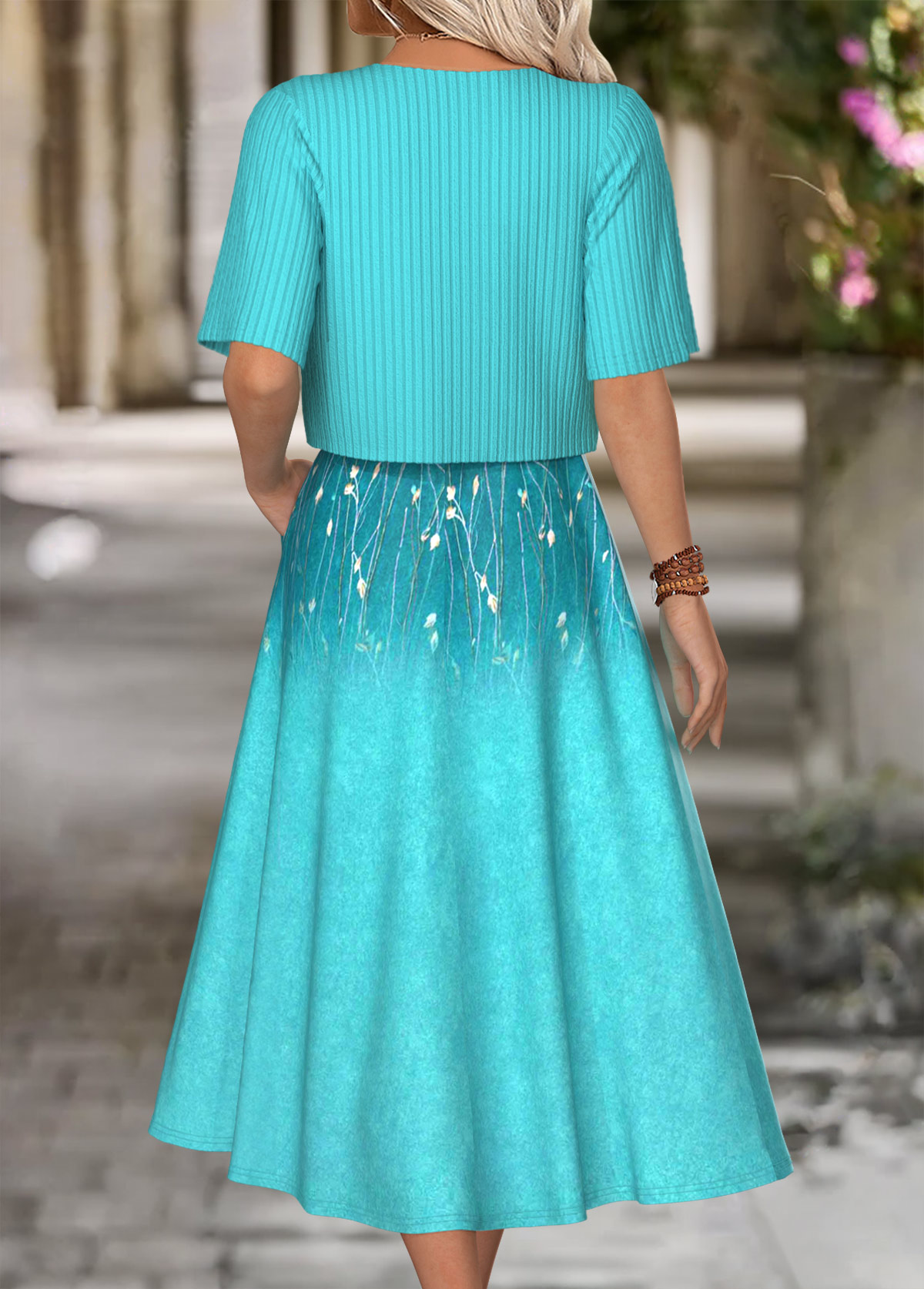 Mint Green Tummy Coverage Leaf Print Dress and Cardigan | picture 