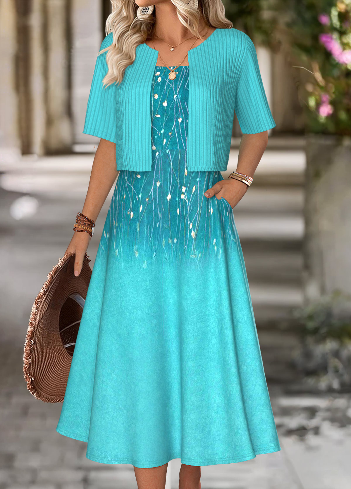 Mint Green Tummy Coverage Leaf Print Dress and Cardigan | picture 