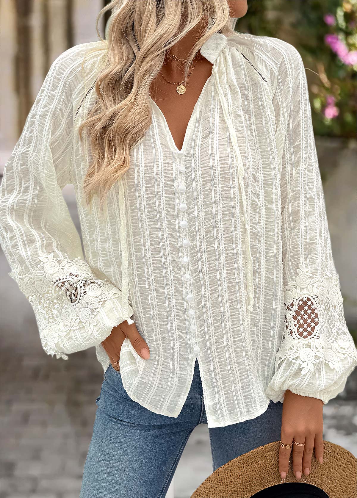 Beige Tummy Coverage Long Sleeve Split Neck Shirt | picture 