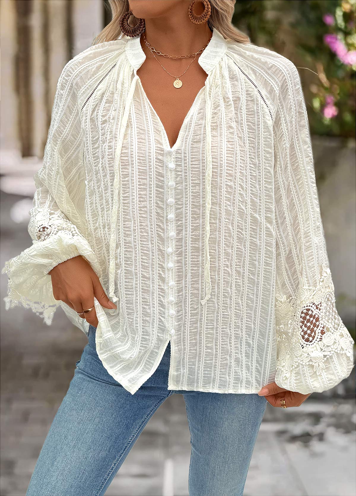 Beige Tummy Coverage Long Sleeve Split Neck Shirt | picture 