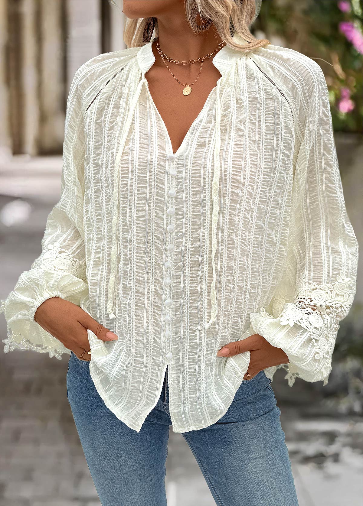 Beige Tummy Coverage Long Sleeve Split Neck Shirt | picture 