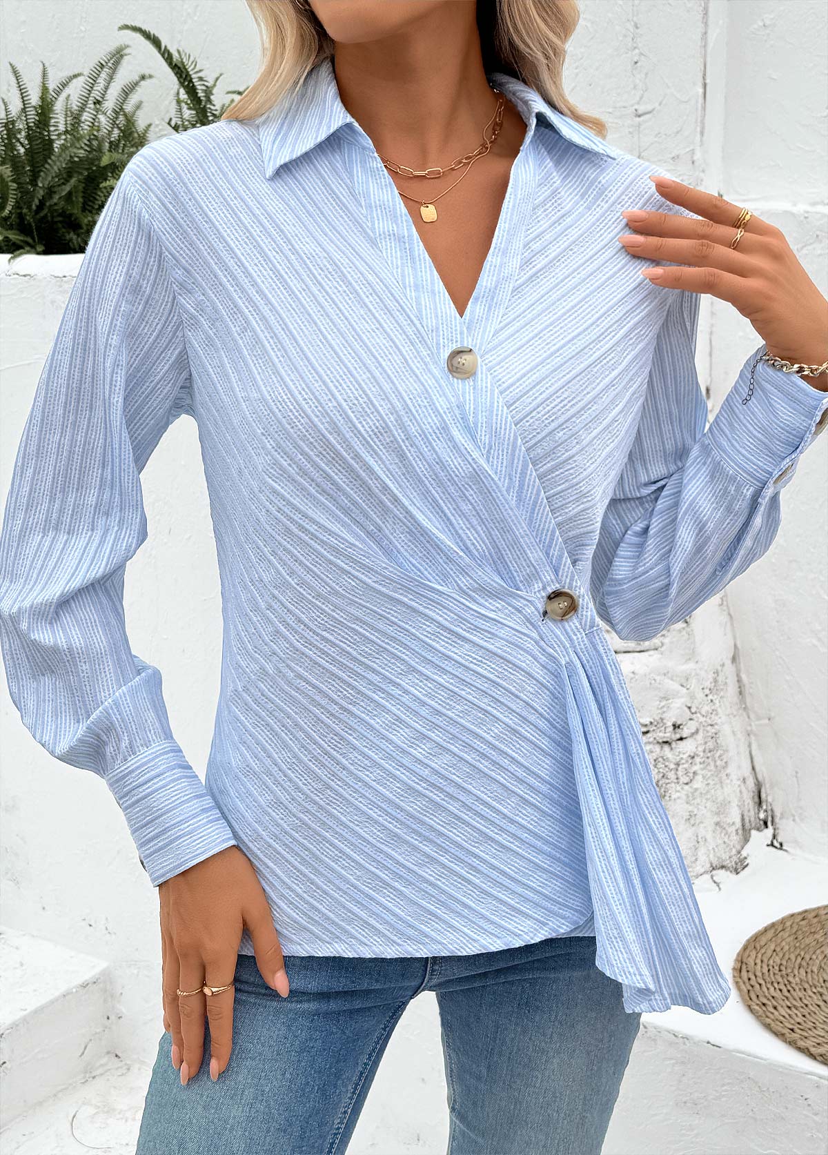 Light Blue Tummy Coverage Striped Long Sleeve Shirt | picture 