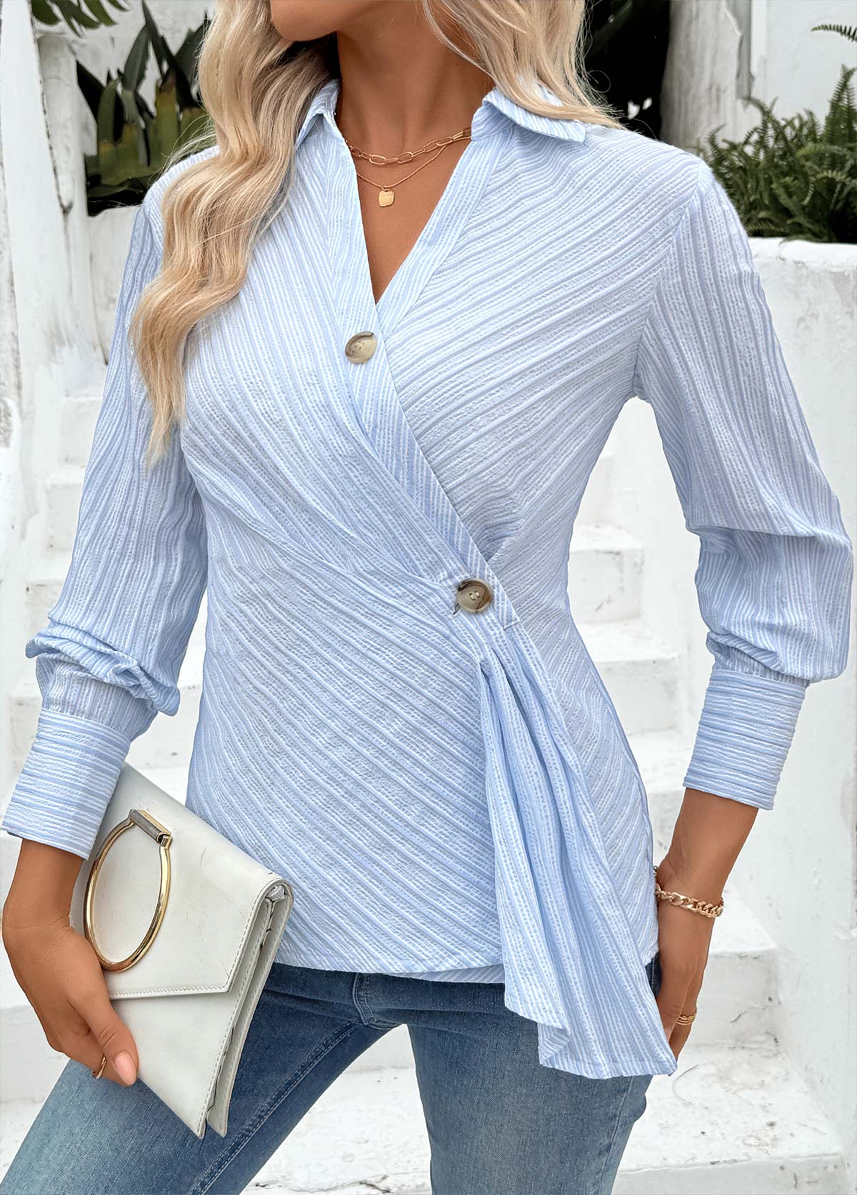 Light Blue Tummy Coverage Striped Long Sleeve Shirt | picture 