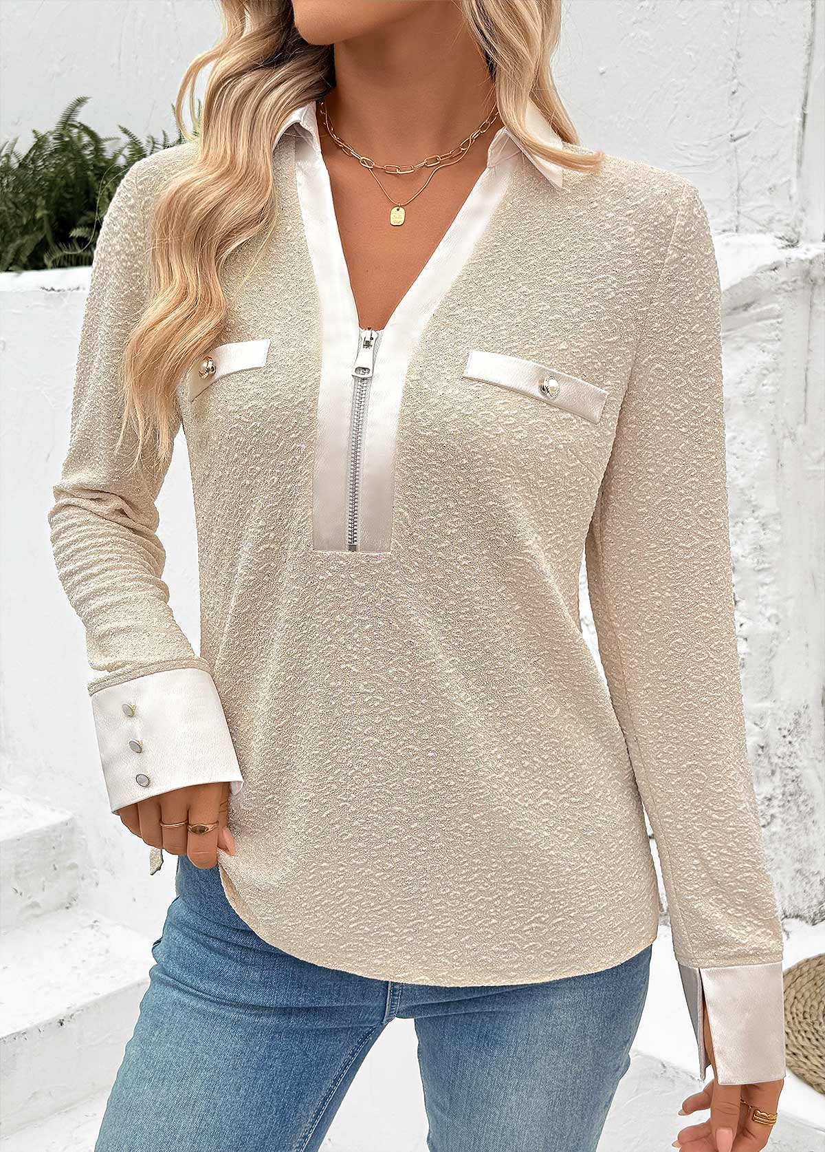 Light Camel Tummy Coverage Long Sleeve V Neck Blouse | picture 