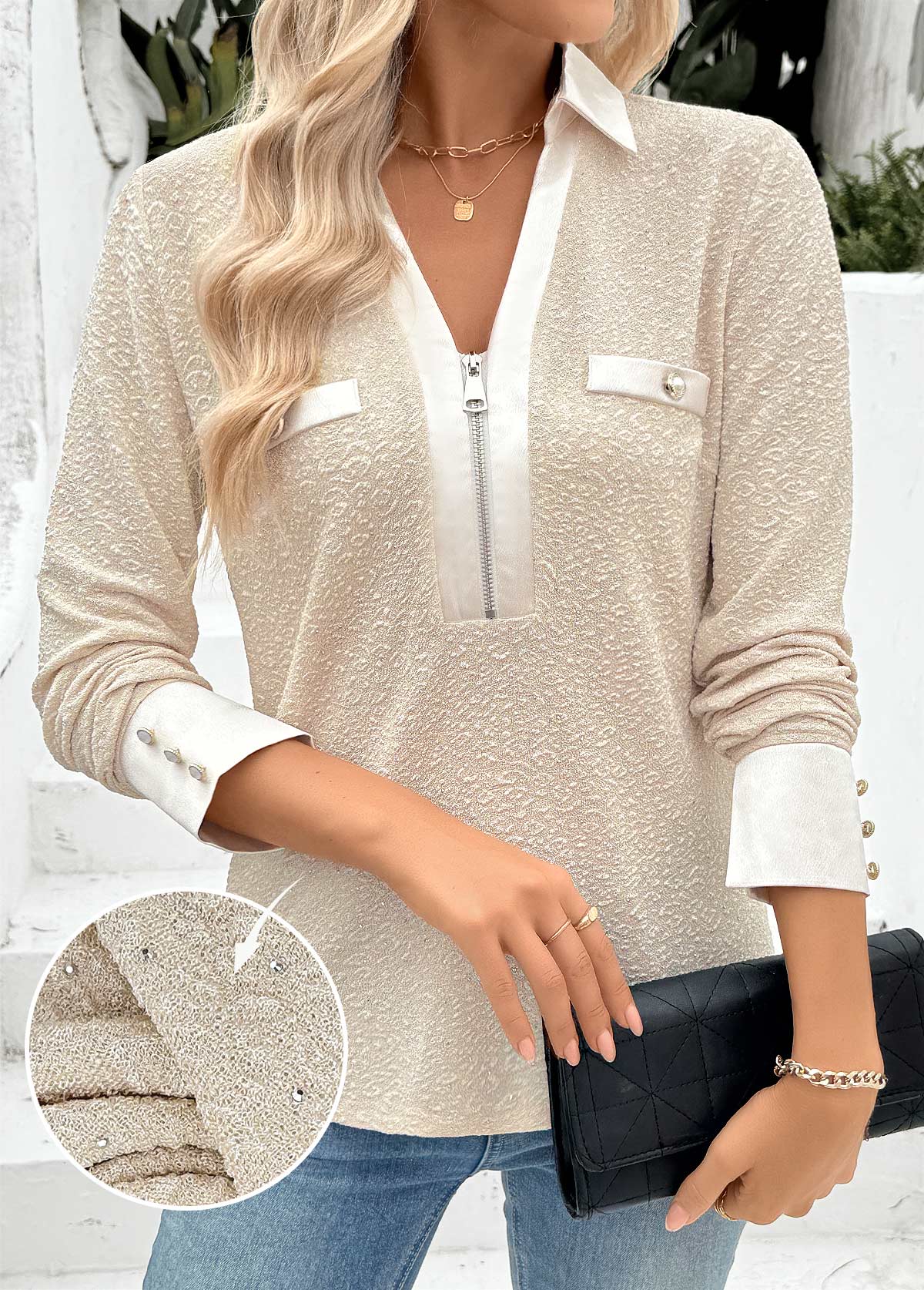Light Camel Tummy Coverage Long Sleeve V Neck Blouse | picture 