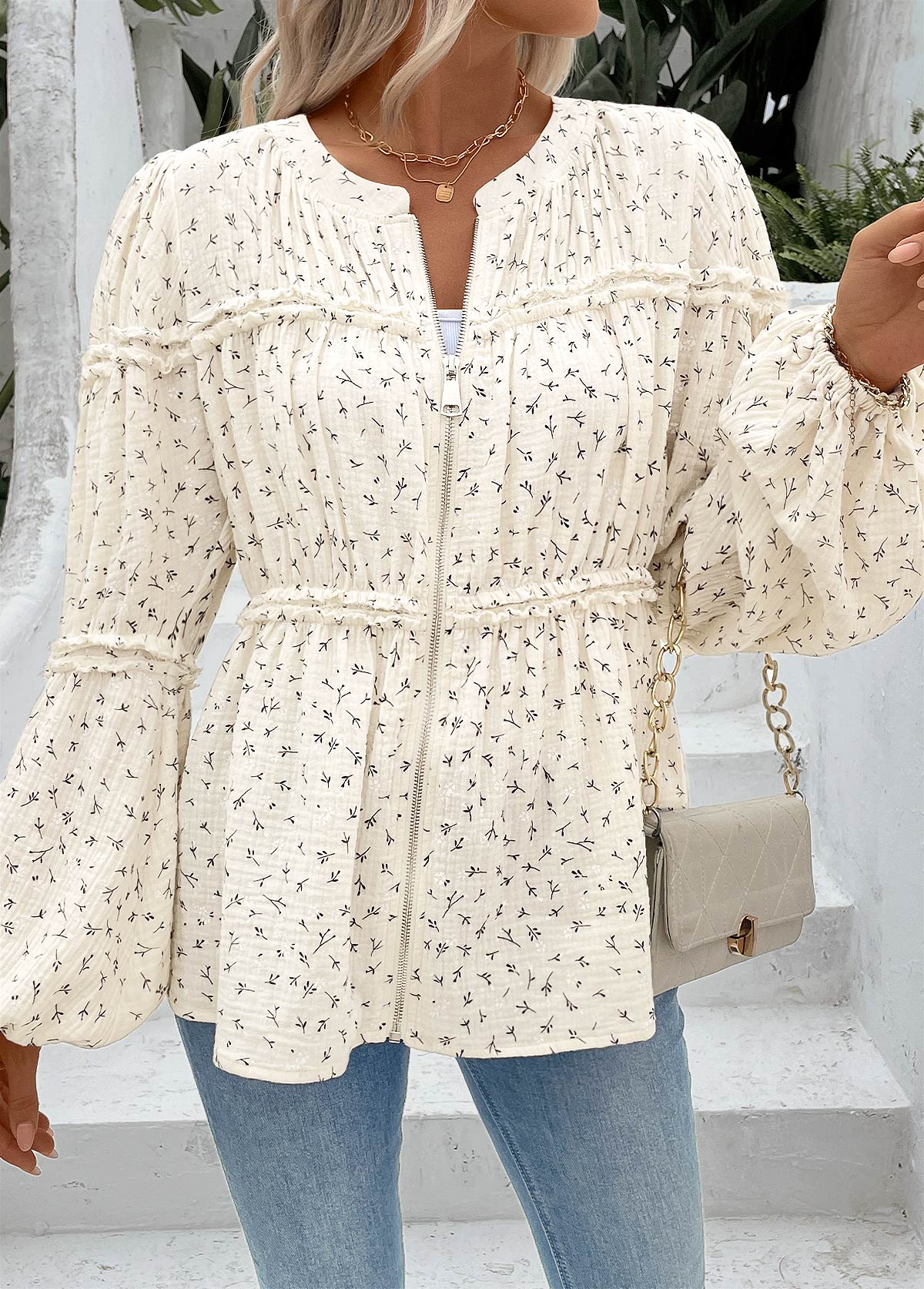 Beige Peplum Ditsy Floral Print Long Sleeve Blouse | picture 
