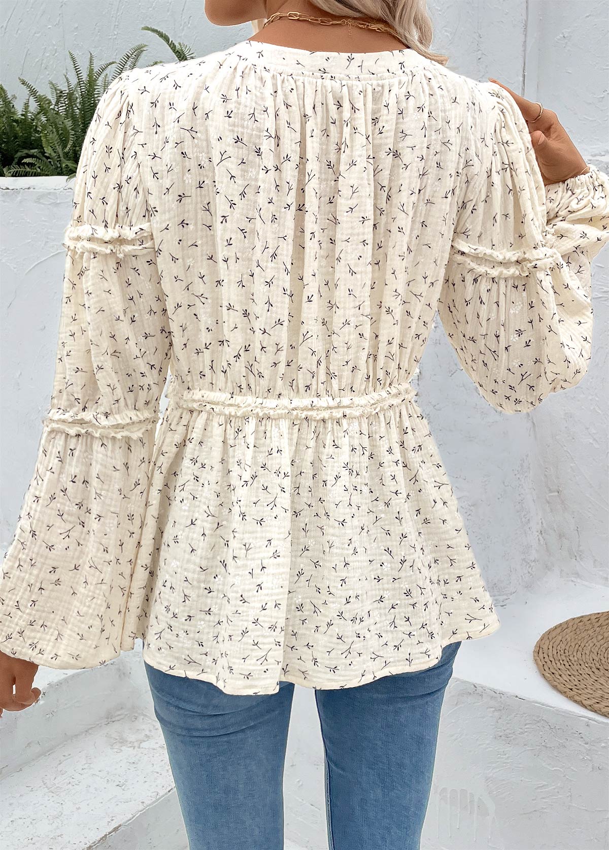 Beige Peplum Ditsy Floral Print Long Sleeve Blouse | picture 