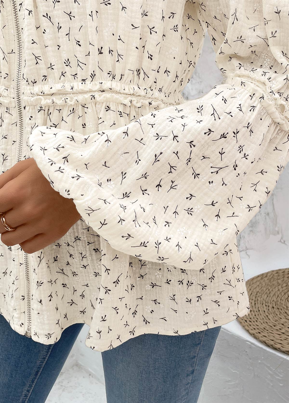 Beige Peplum Ditsy Floral Print Long Sleeve Blouse | picture 