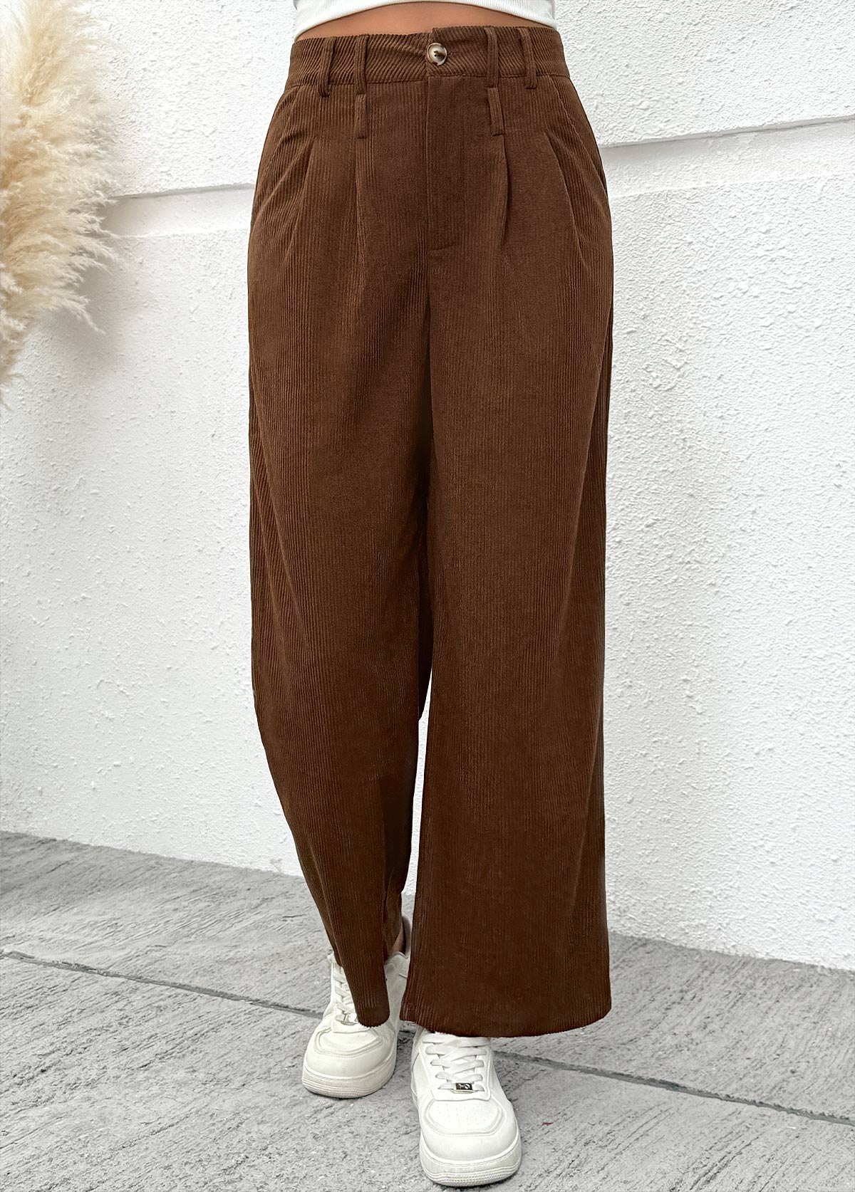 Dark Coffee Wide Leg Button Fly High Waisted Pants | picture 