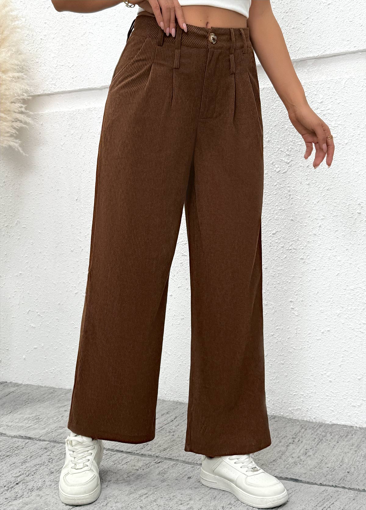 Dark Coffee Wide Leg Button Fly High Waisted Pants | picture 