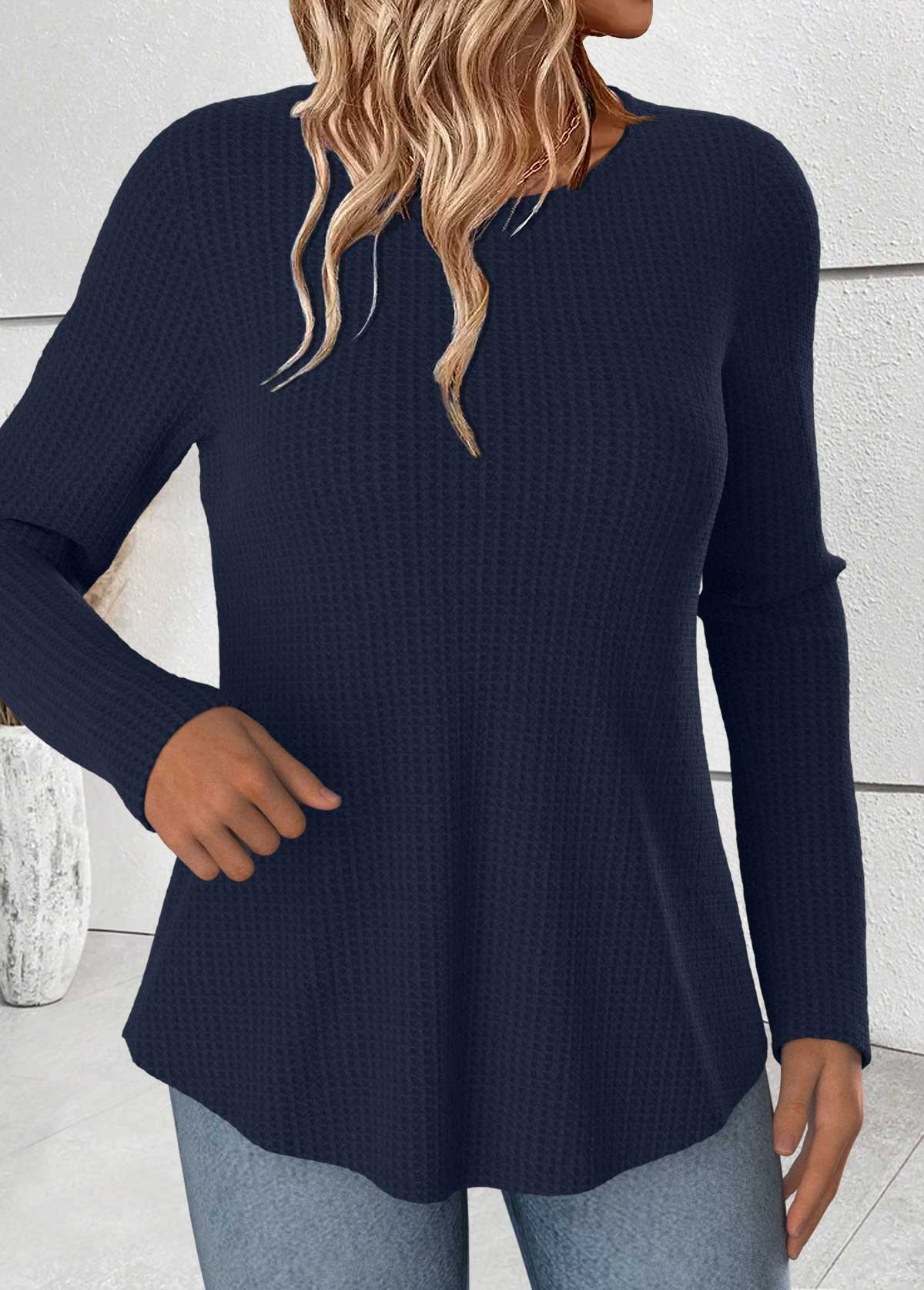 Navy Tummy Coverage Long Sleeve Round Neck T Shirt | picture 