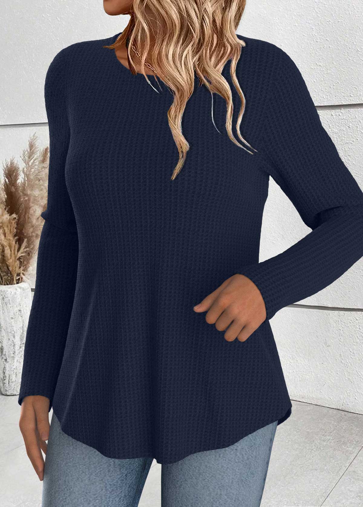 Navy Tummy Coverage Long Sleeve Round Neck T Shirt | picture 