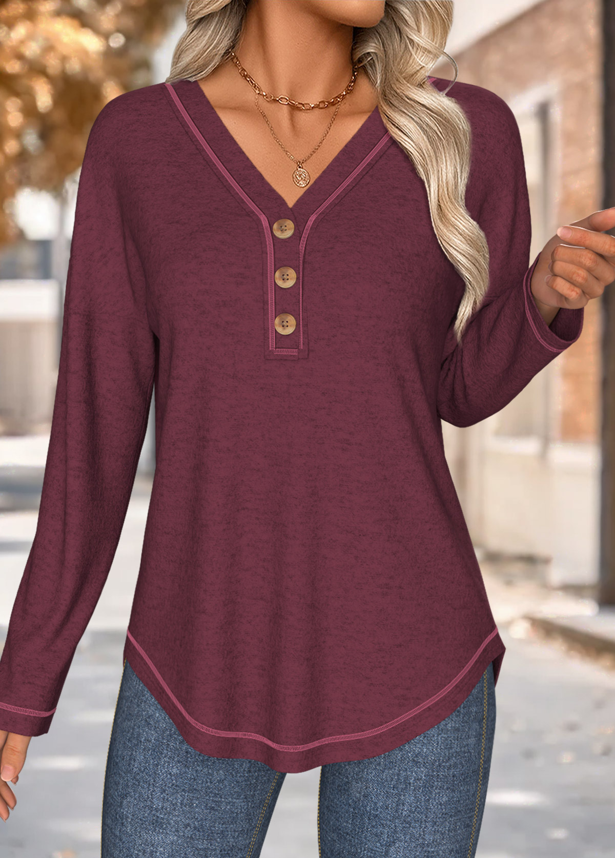 Wine Red Tummy Coverage Long Sleeve T Shirt | picture 