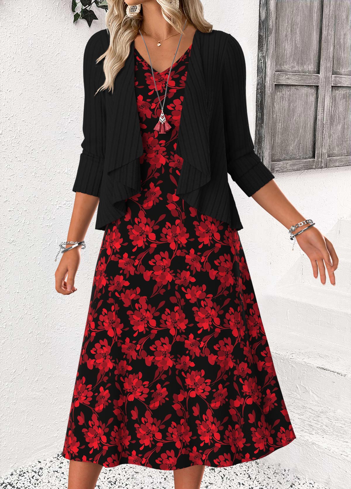 Red Tummy Coverage Floral Print Dress and Cardigan | picture 