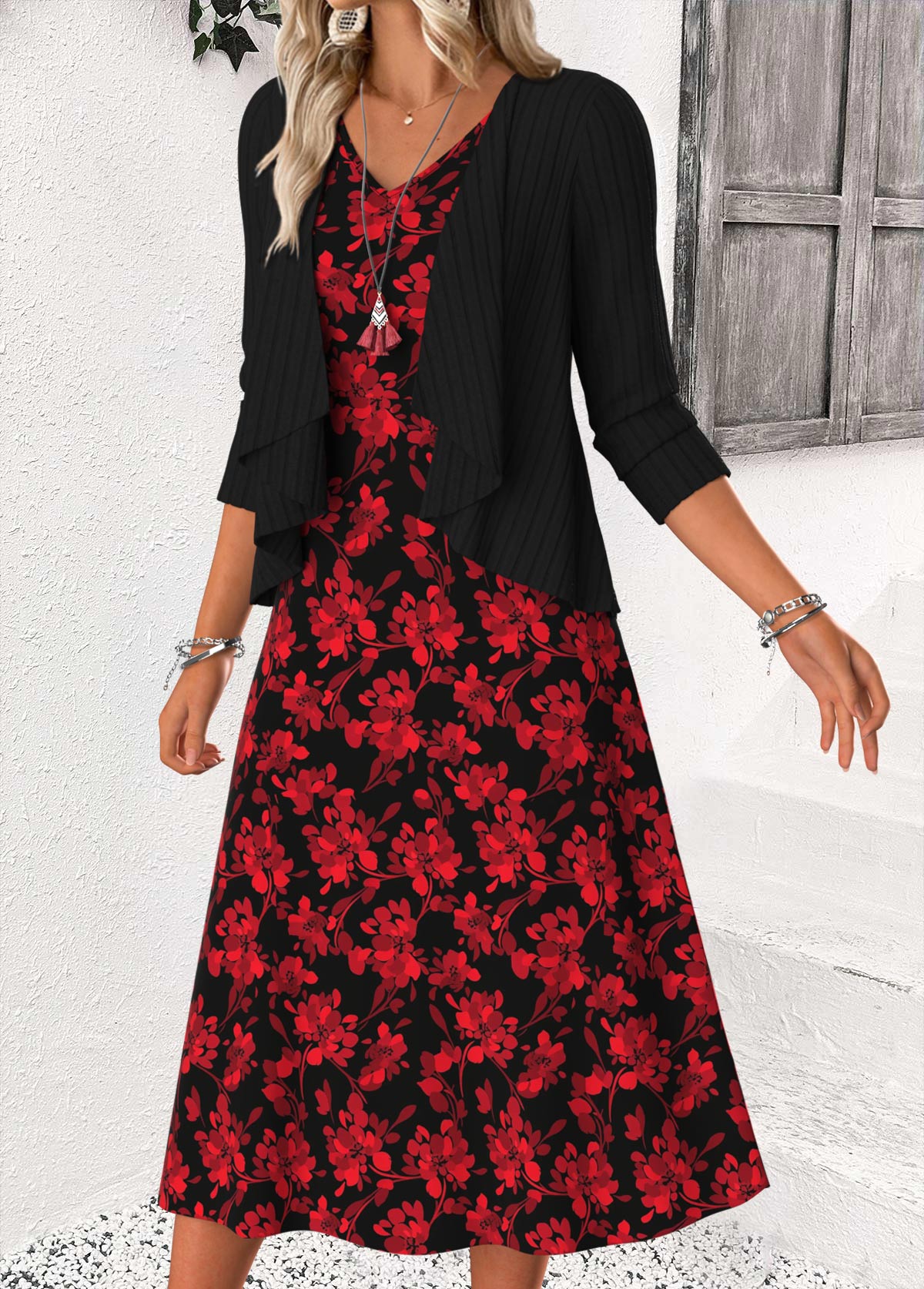 Red Tummy Coverage Floral Print Dress and Cardigan | picture 