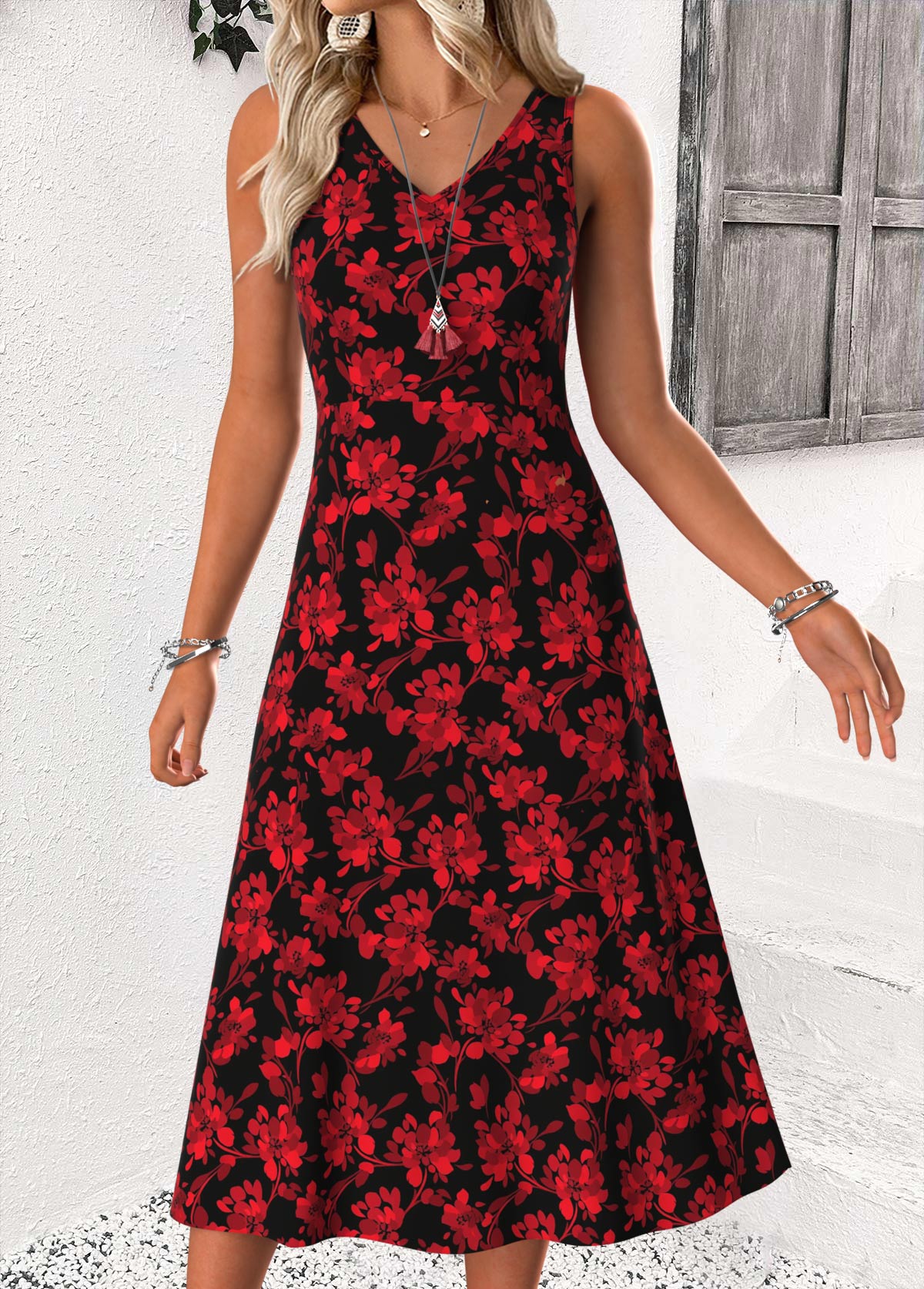 Red Tummy Coverage Floral Print Dress and Cardigan | picture 