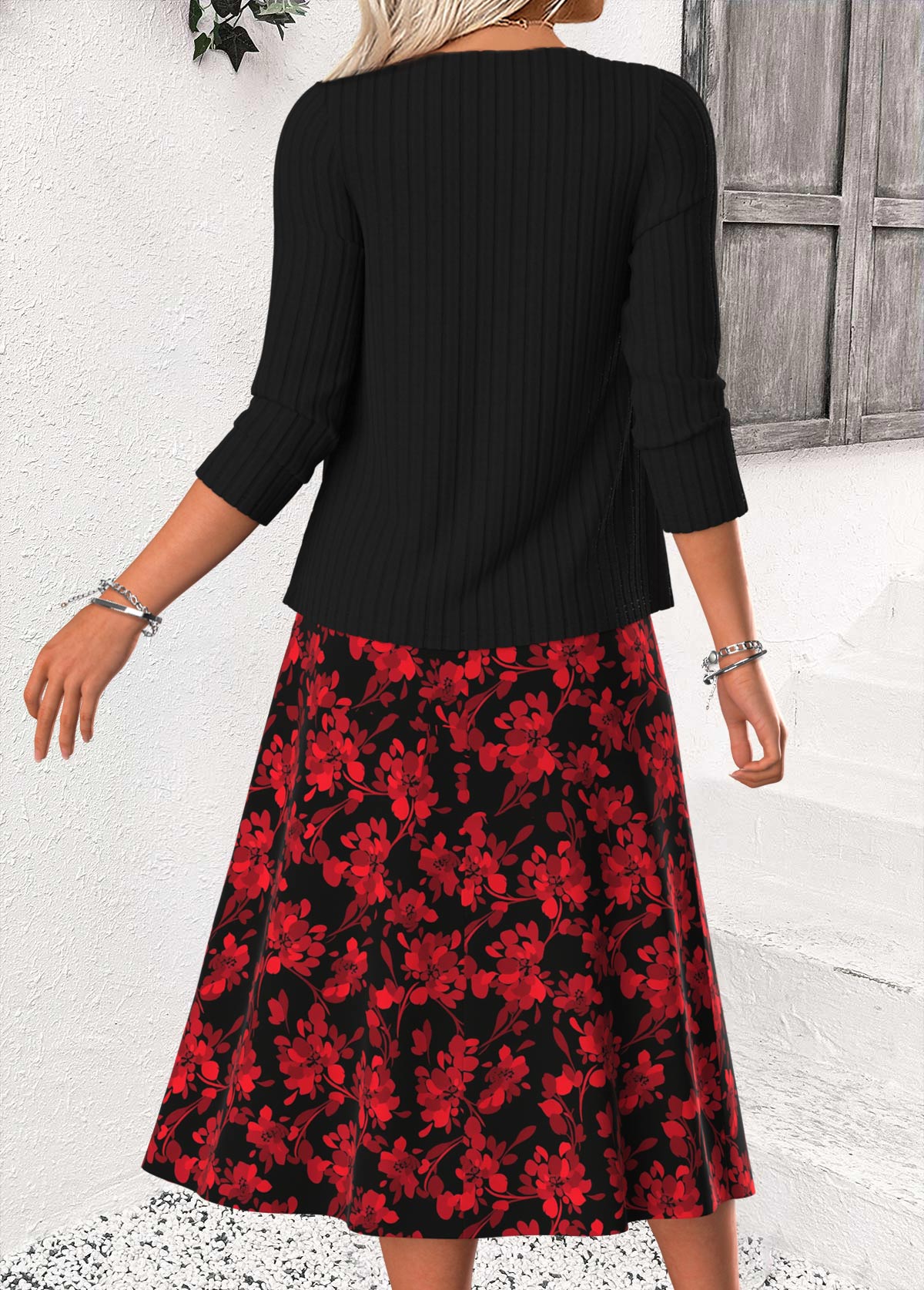 Red Tummy Coverage Floral Print Dress and Cardigan | picture 
