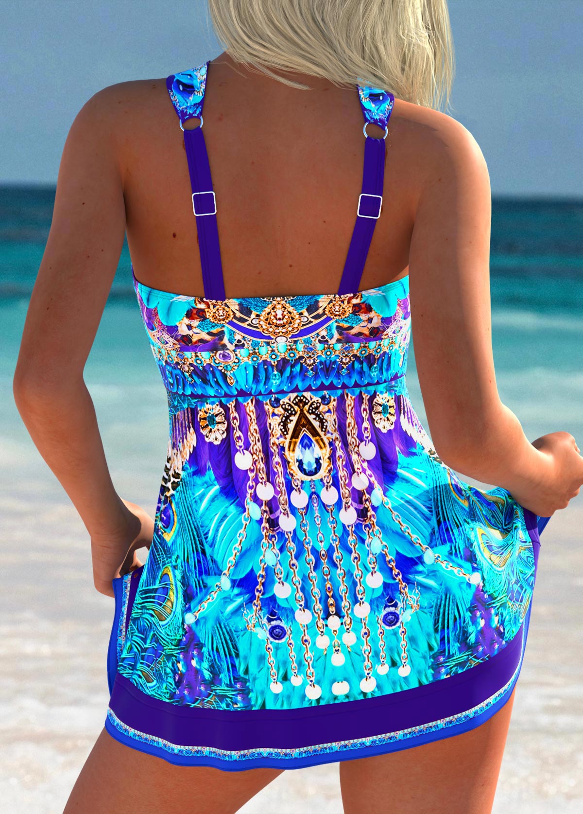 High Waisted Tribal Print Purplish Blue Tankini Set | picture 