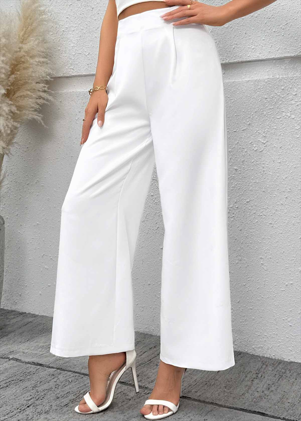 White Flowy Wide Leg Zipper Fly High Waisted Pants | picture 