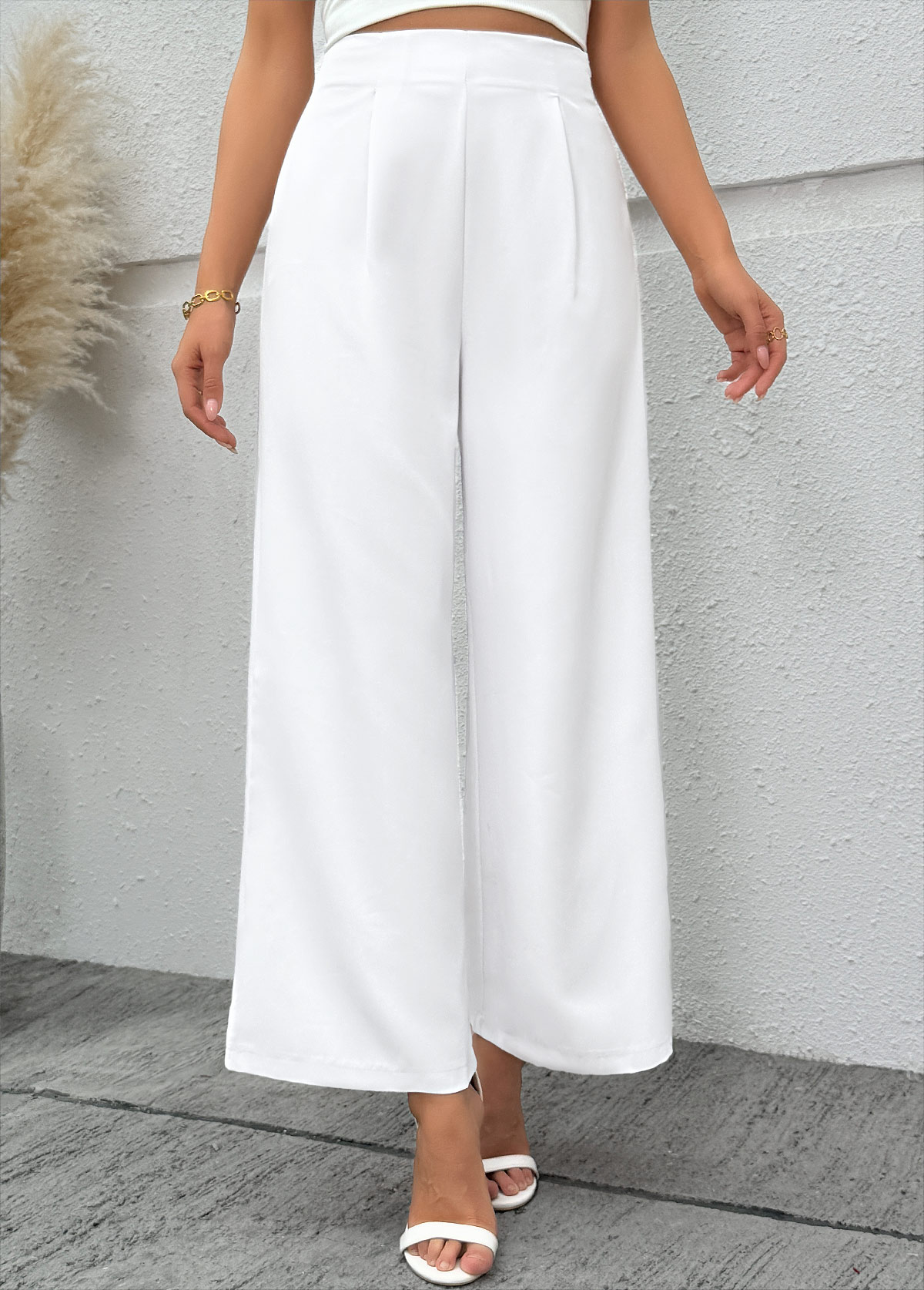 White Flowy Wide Leg Zipper Fly High Waisted Pants | picture 