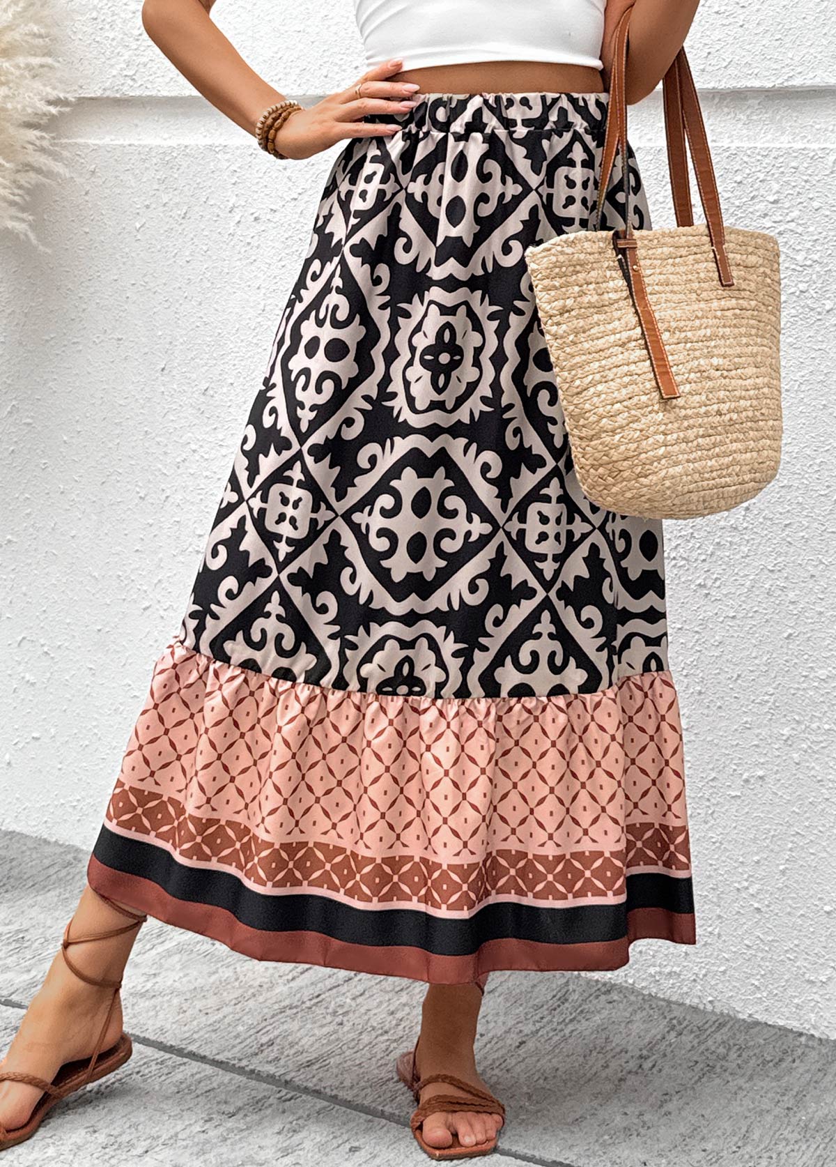 Light Coffee Tribal Print A Line Elastic Waist Skirt | picture 