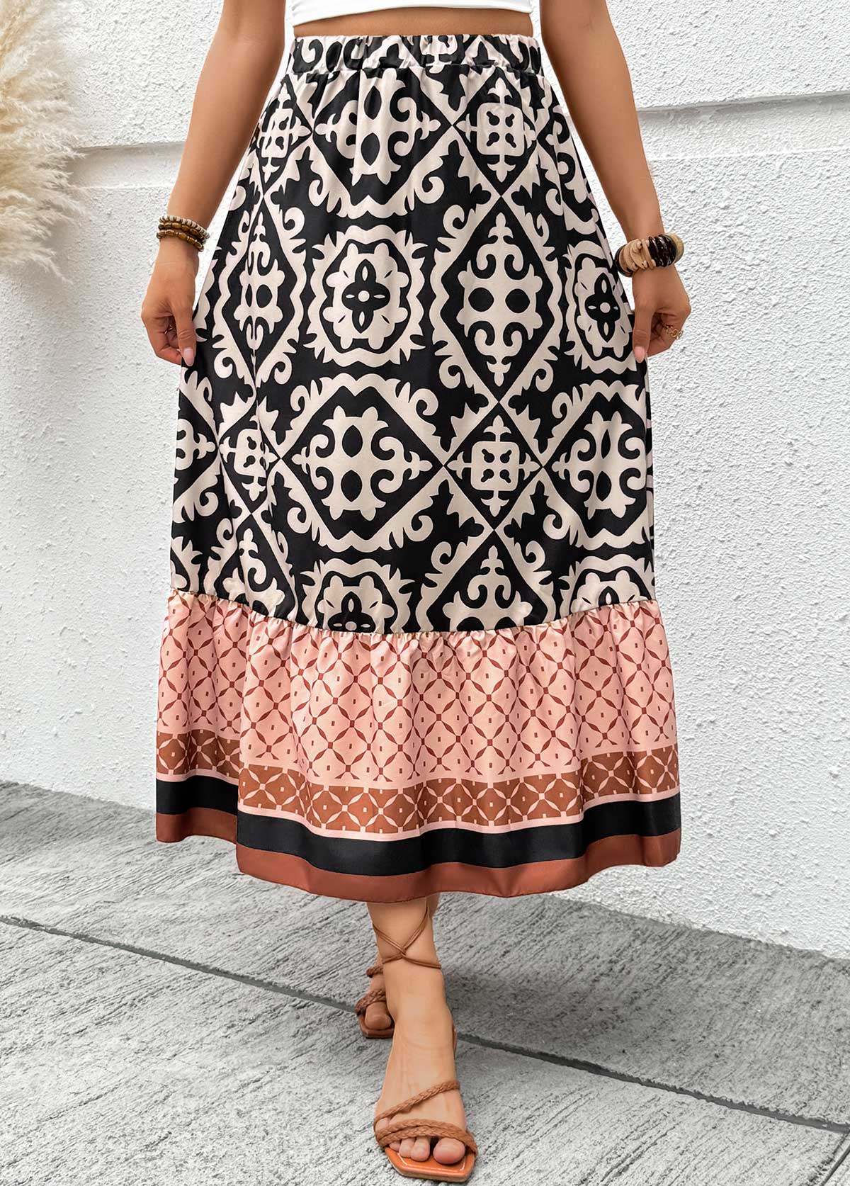 Light Coffee Tribal Print A Line Elastic Waist Skirt | picture 