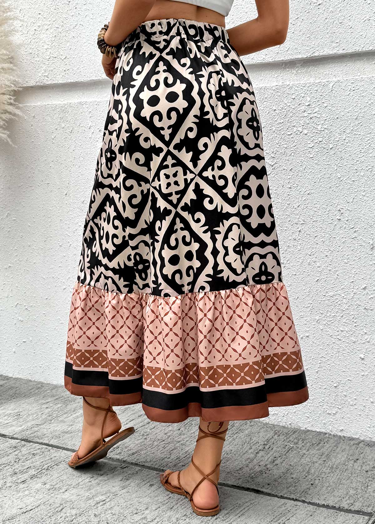 Light Coffee Tribal Print A Line Elastic Waist Skirt | picture 