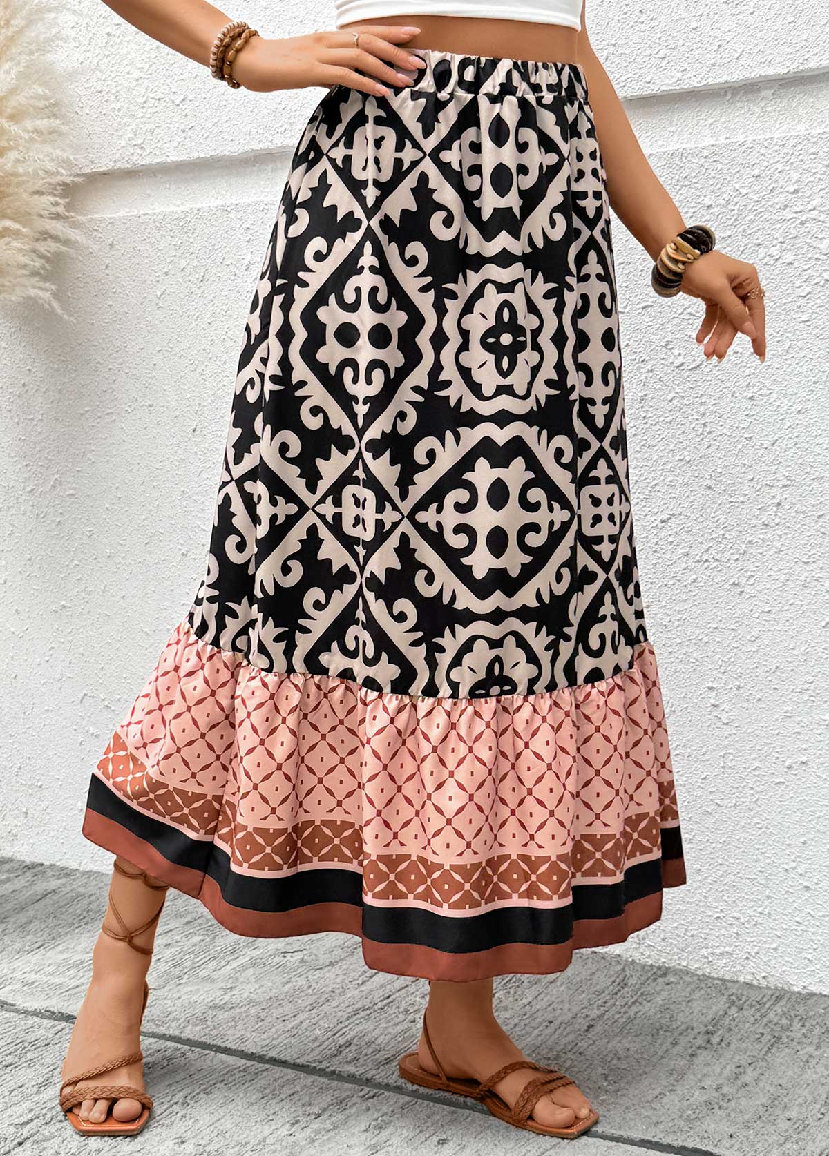 Light Coffee Tribal Print A Line Elastic Waist Skirt | picture 
