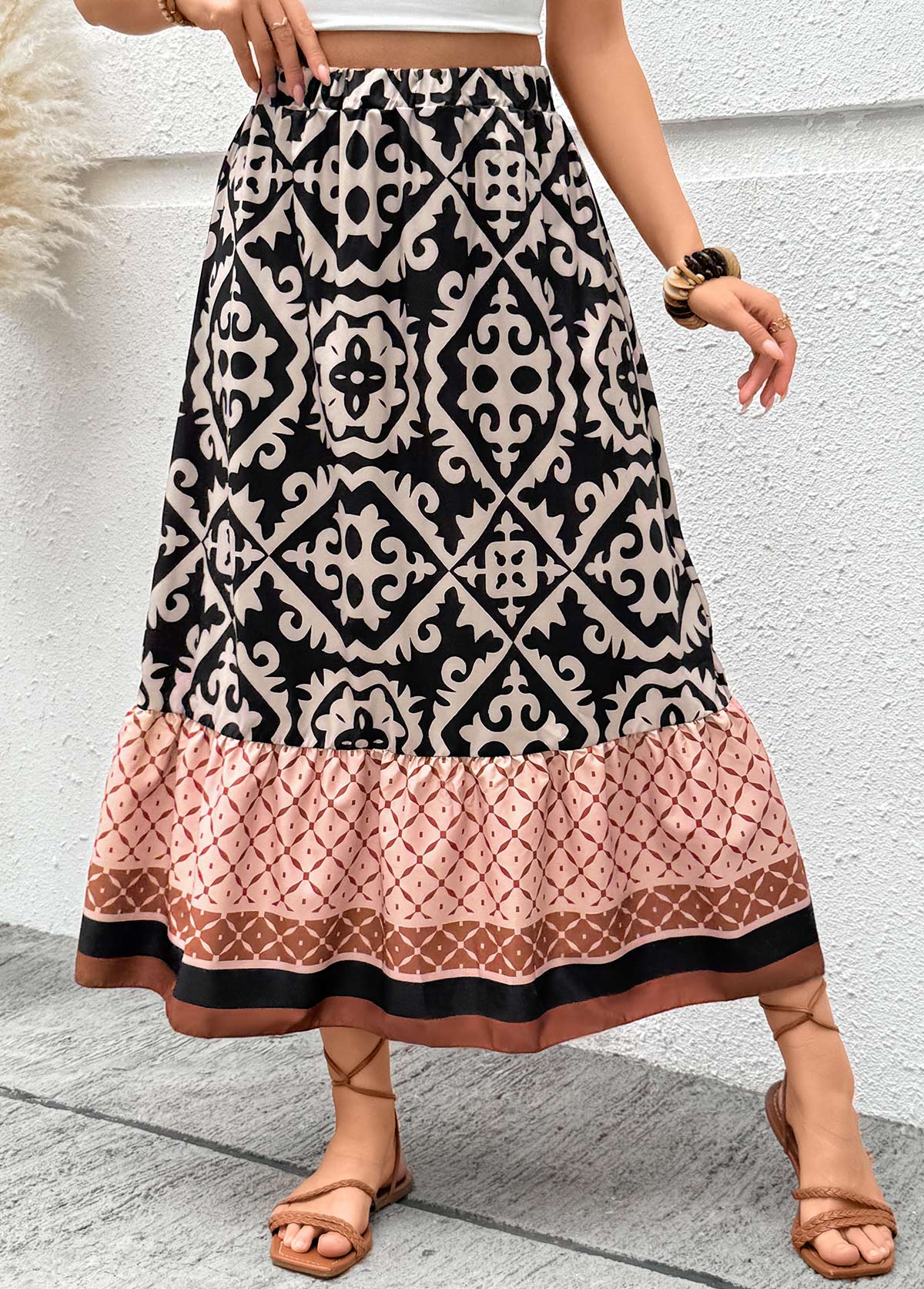 Light Coffee Tribal Print A Line Elastic Waist Skirt | picture 