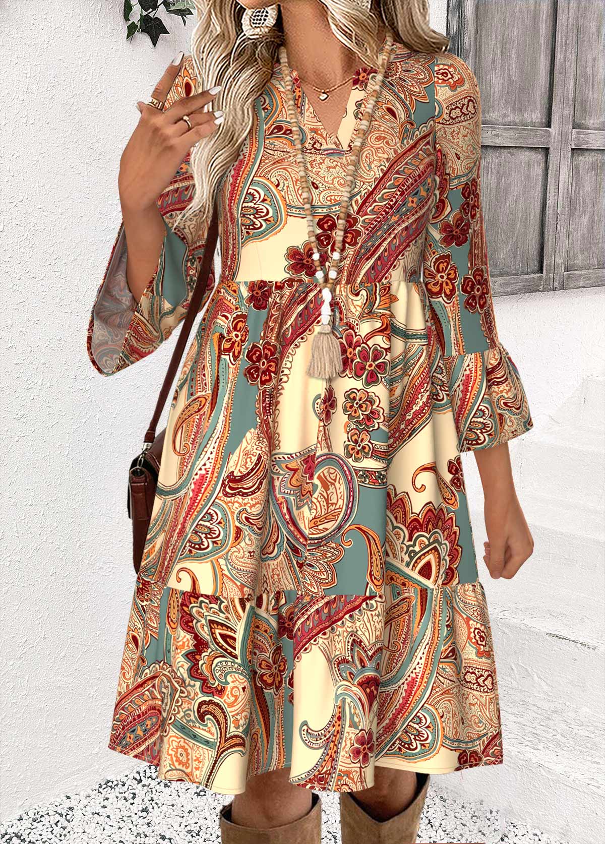 Multi Color Tummy Coverage Paisley Print 3/4 Sleeve Dress | picture 