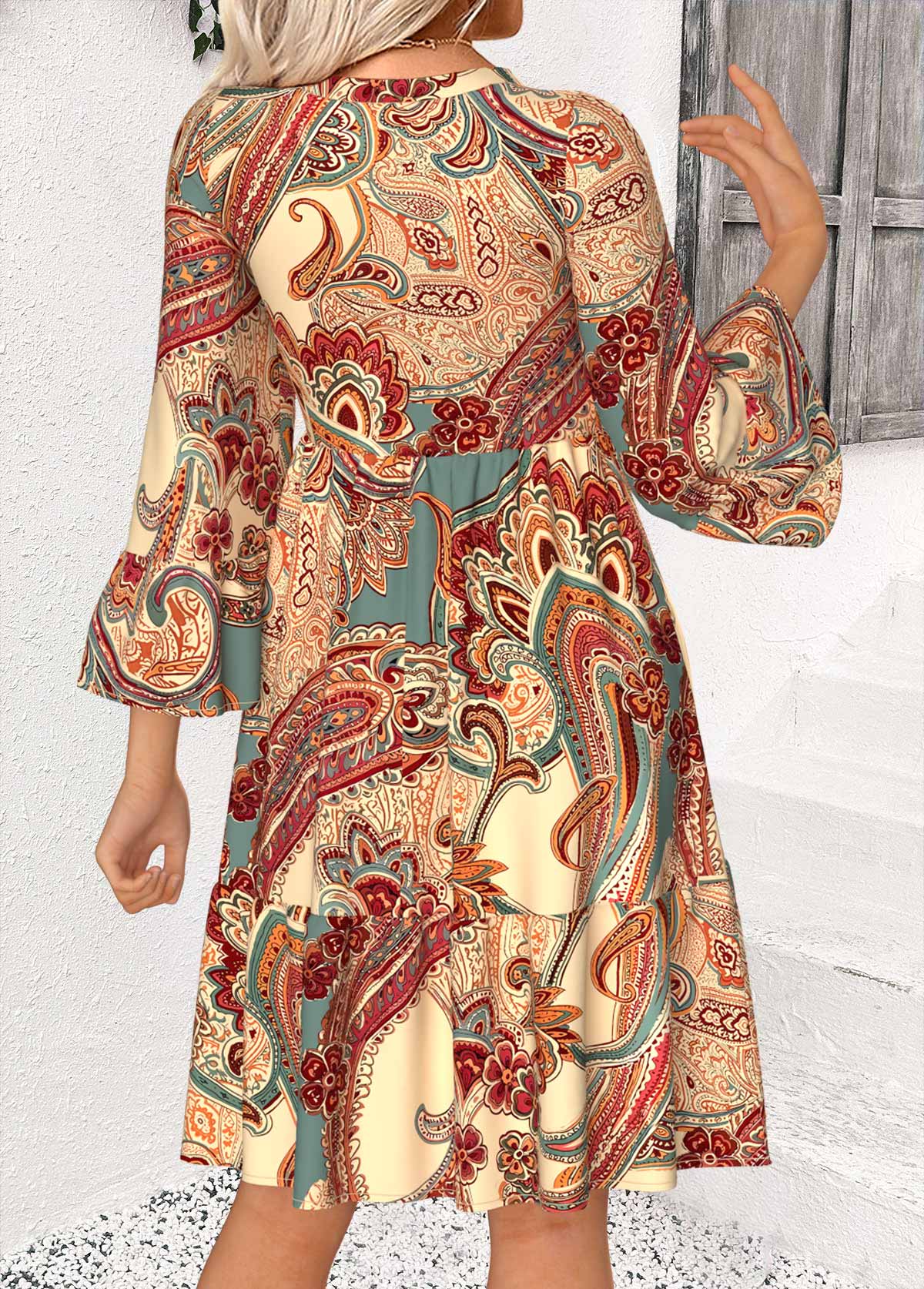 Multi Color Tummy Coverage Paisley Print 3/4 Sleeve Dress | picture 