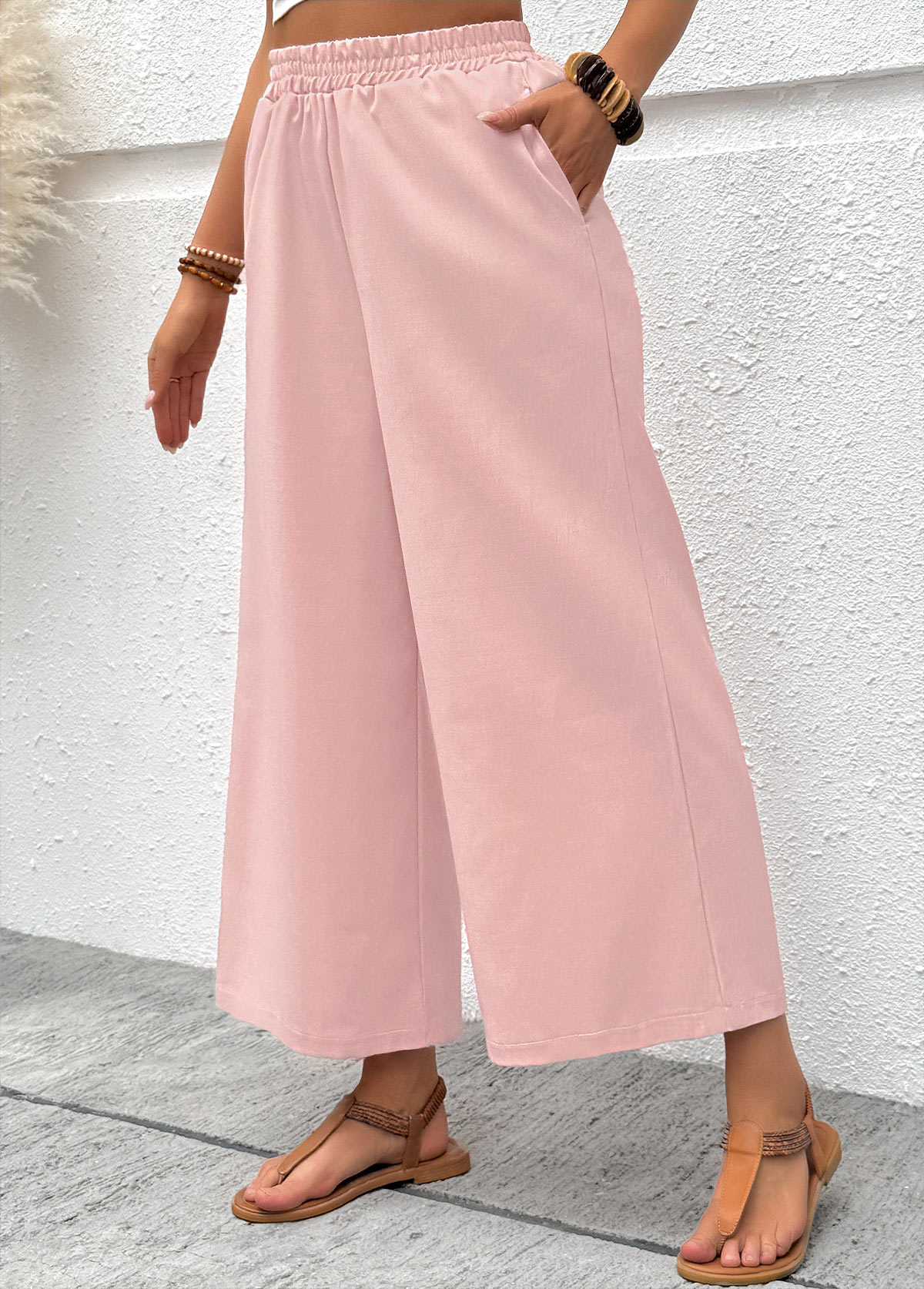 Pink Wide Leg Elastic Waist High Waisted Pants | picture 