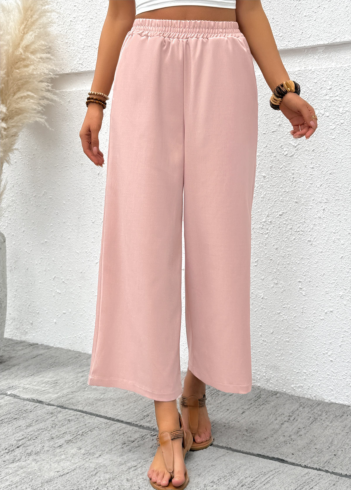Pink Wide Leg Elastic Waist High Waisted Pants | picture 