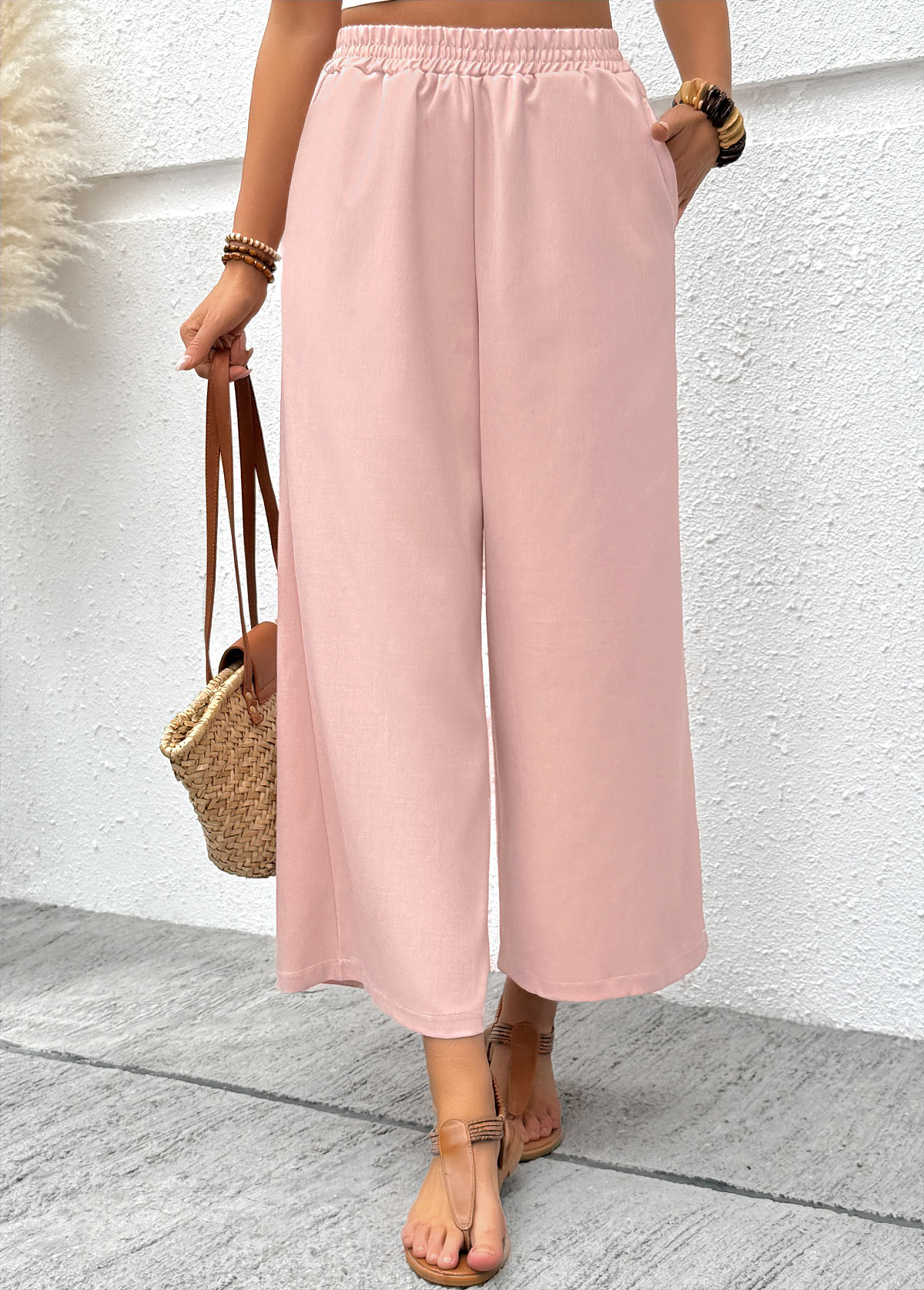 Pink Wide Leg Elastic Waist High Waisted Pants | picture 