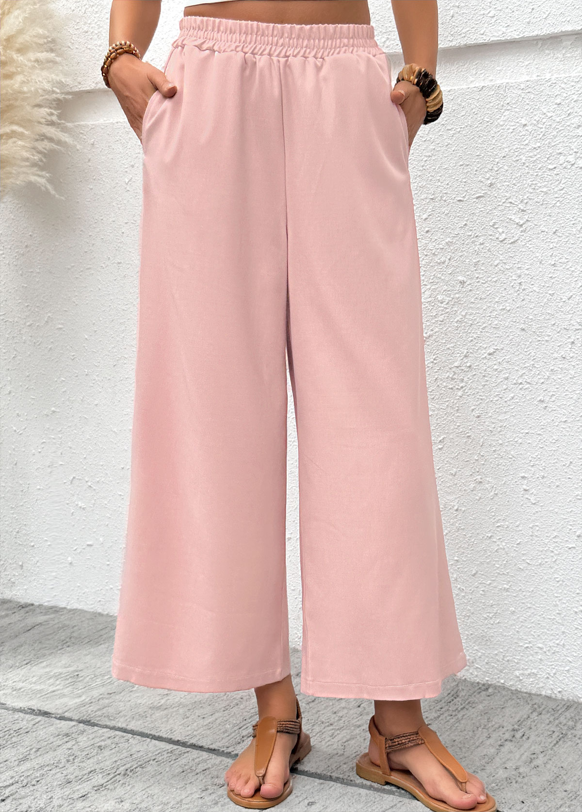 Pink Wide Leg Elastic Waist High Waisted Pants | picture 