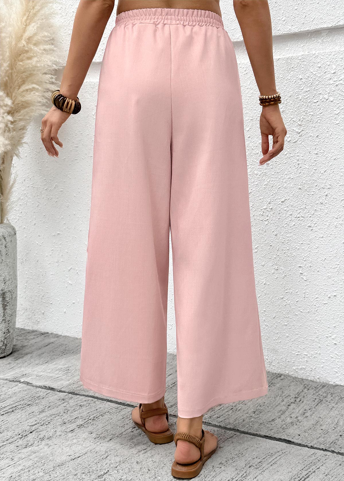 Pink Wide Leg Elastic Waist High Waisted Pants | picture 