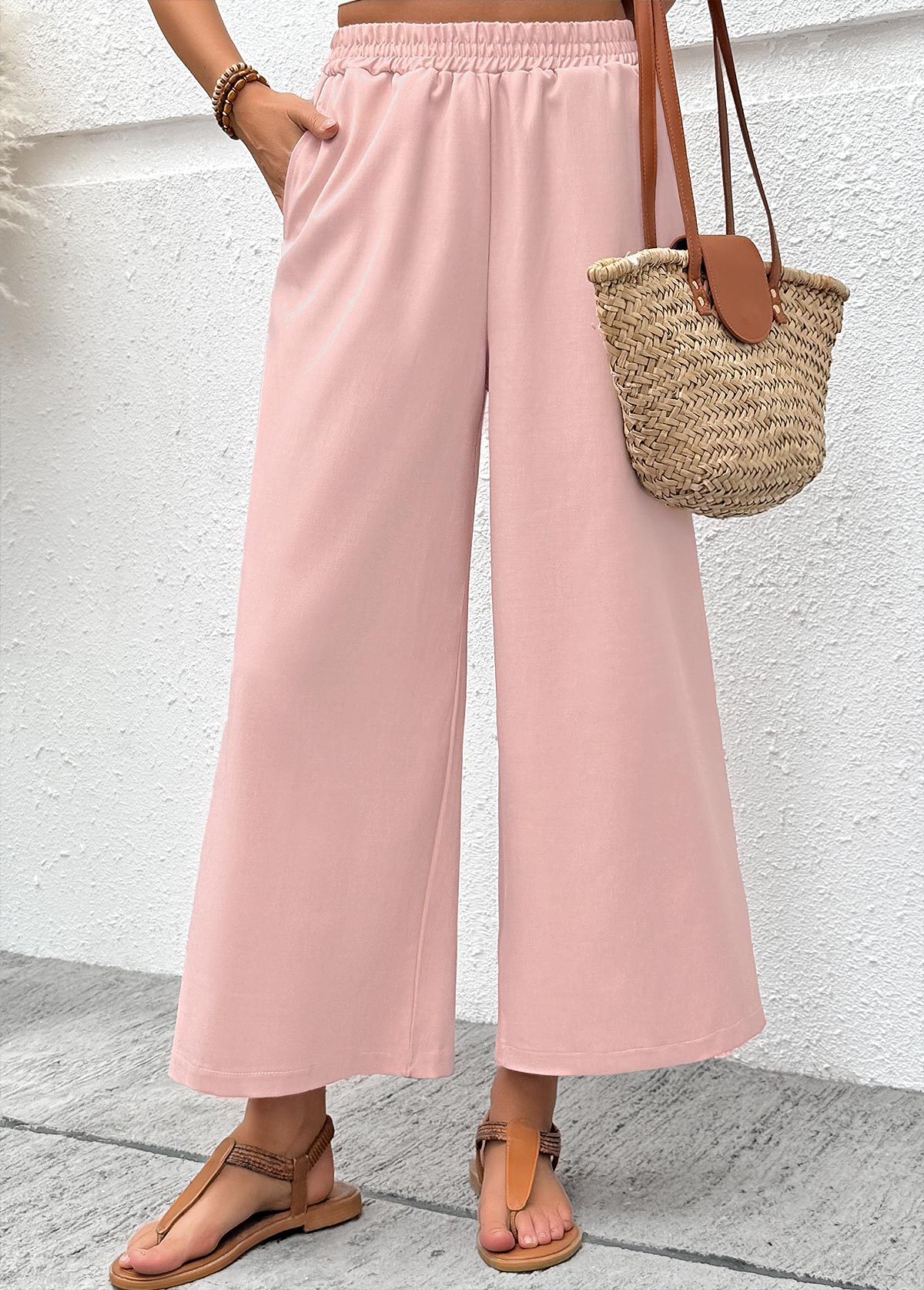 Pink Wide Leg Elastic Waist High Waisted Pants | picture 