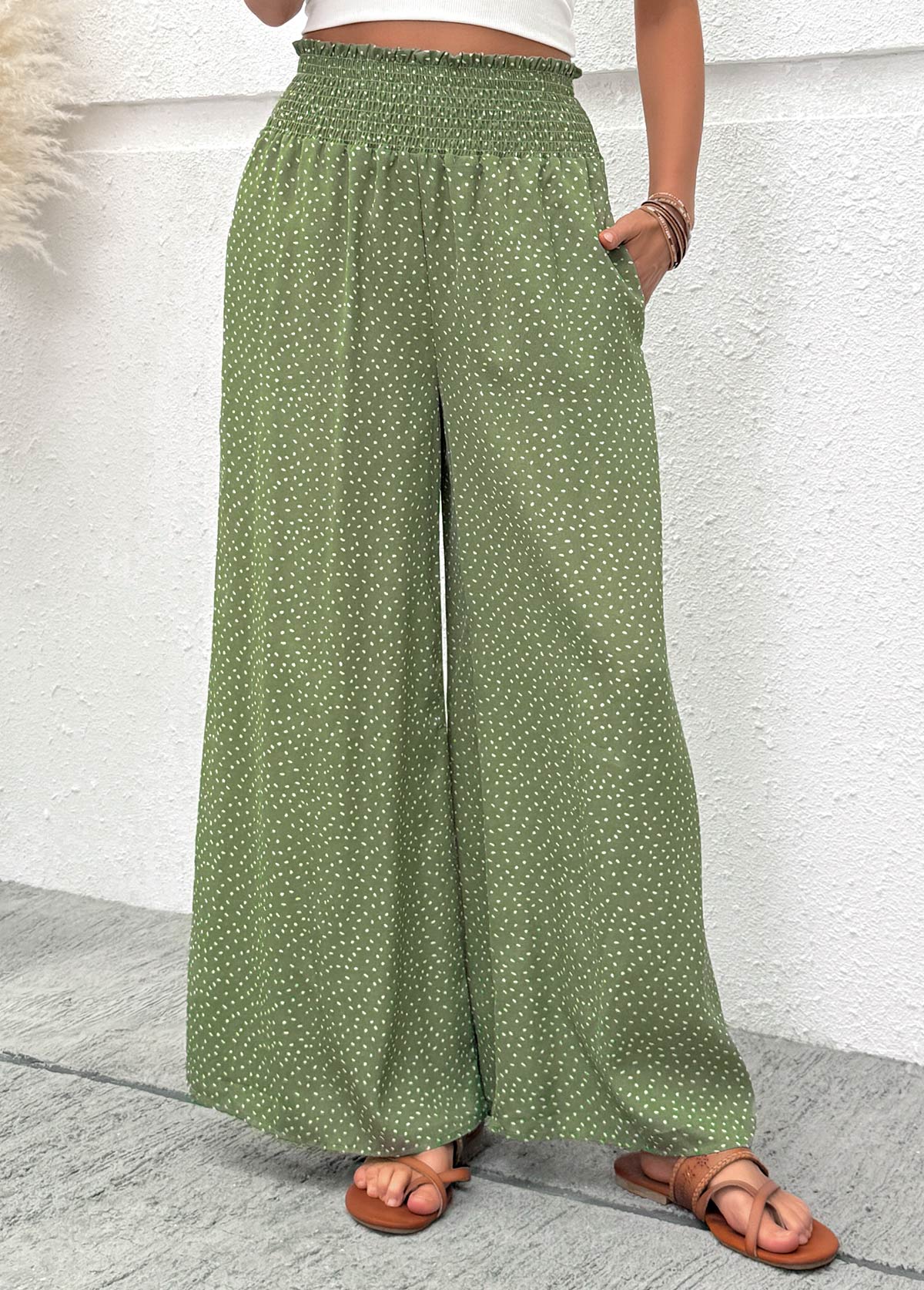 Sage Green Flowy Wide Leg Elastic Waist Pants | picture 