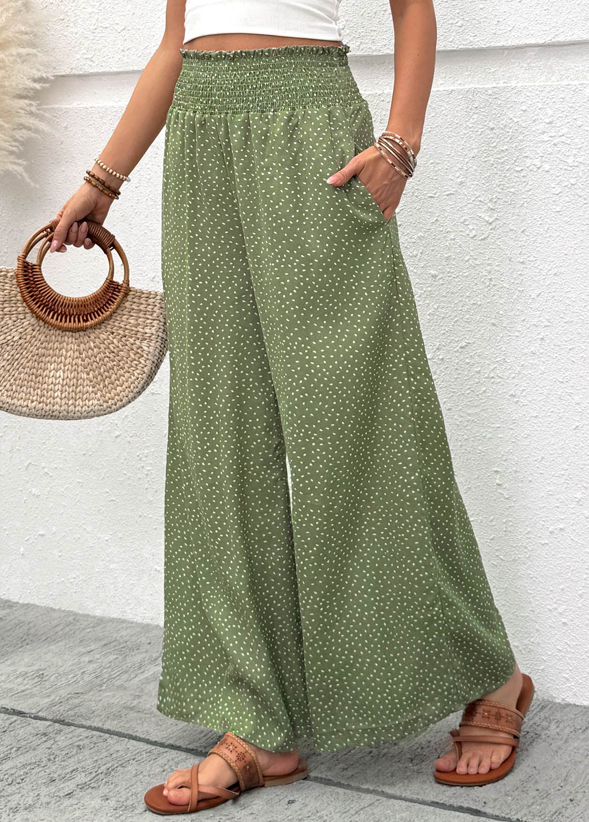 Sage Green Flowy Wide Leg Elastic Waist Pants | picture 