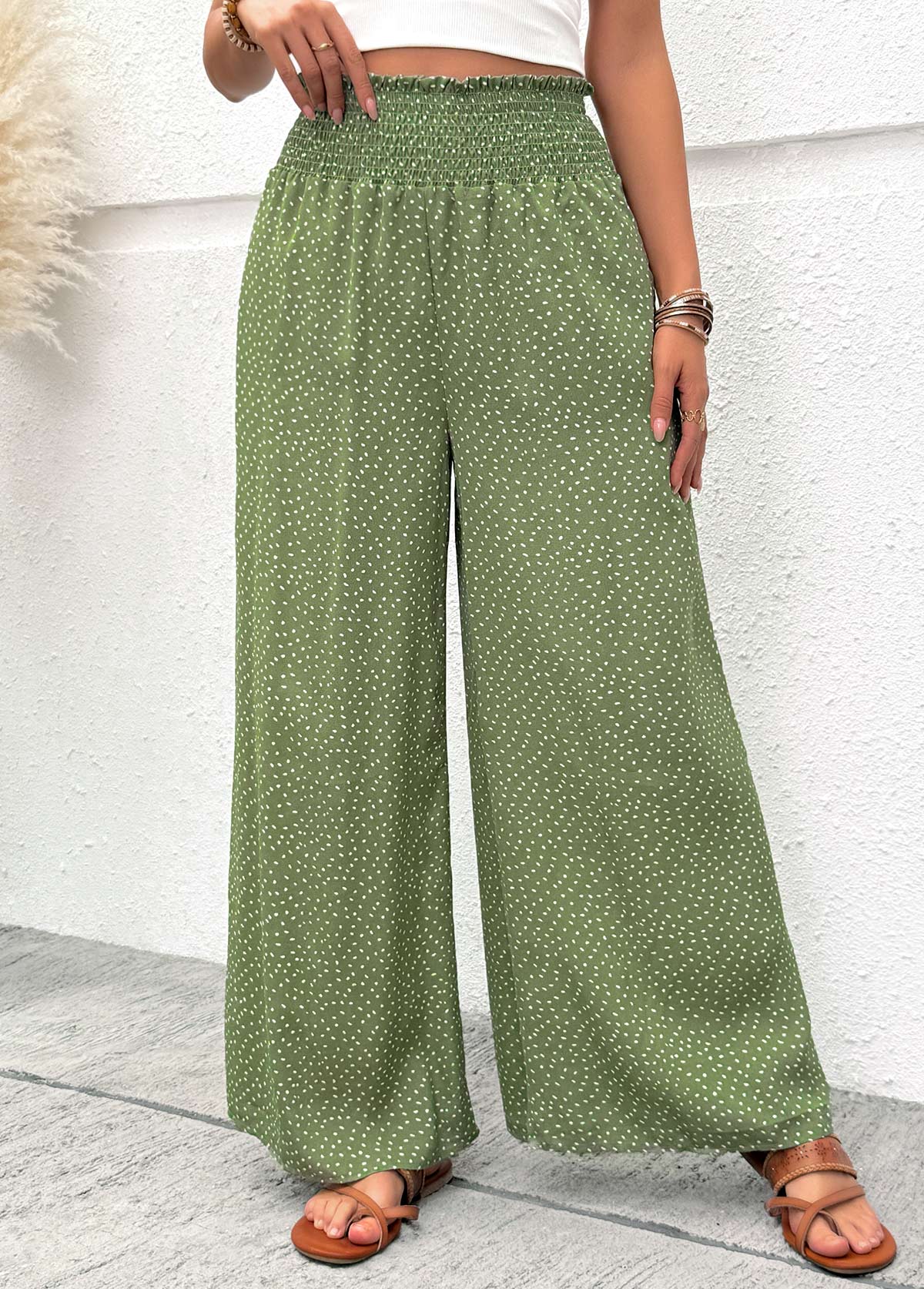 Sage Green Flowy Wide Leg Elastic Waist Pants | picture 