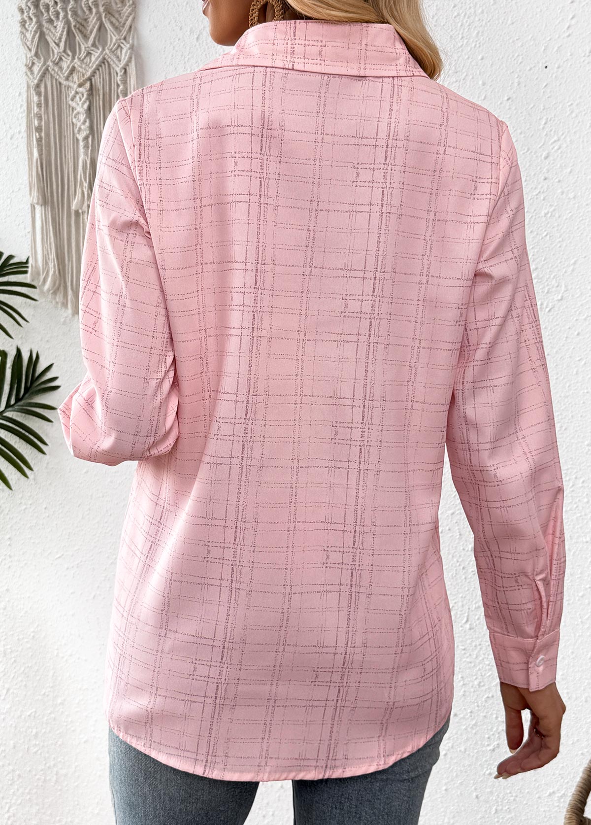 Pink Curved Hem Plaid Long Sleeve Shirt | picture 