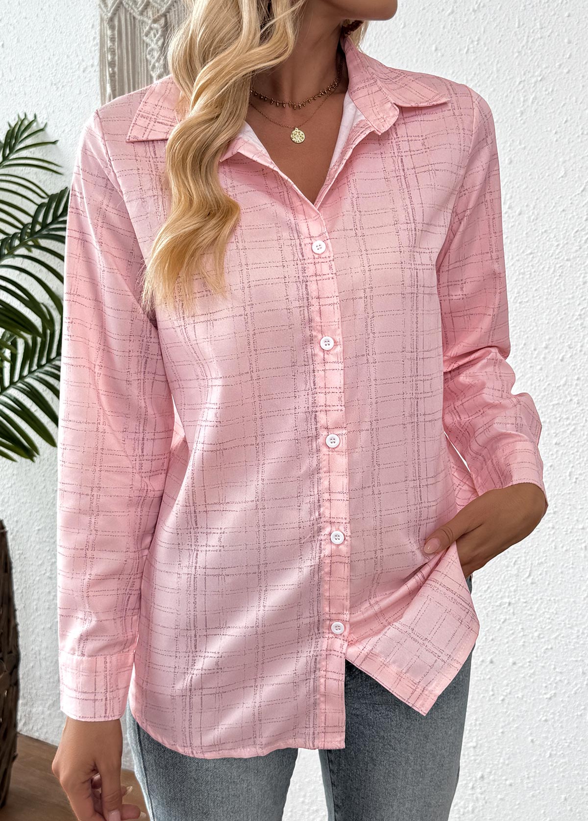 Pink Curved Hem Plaid Long Sleeve Shirt | picture 