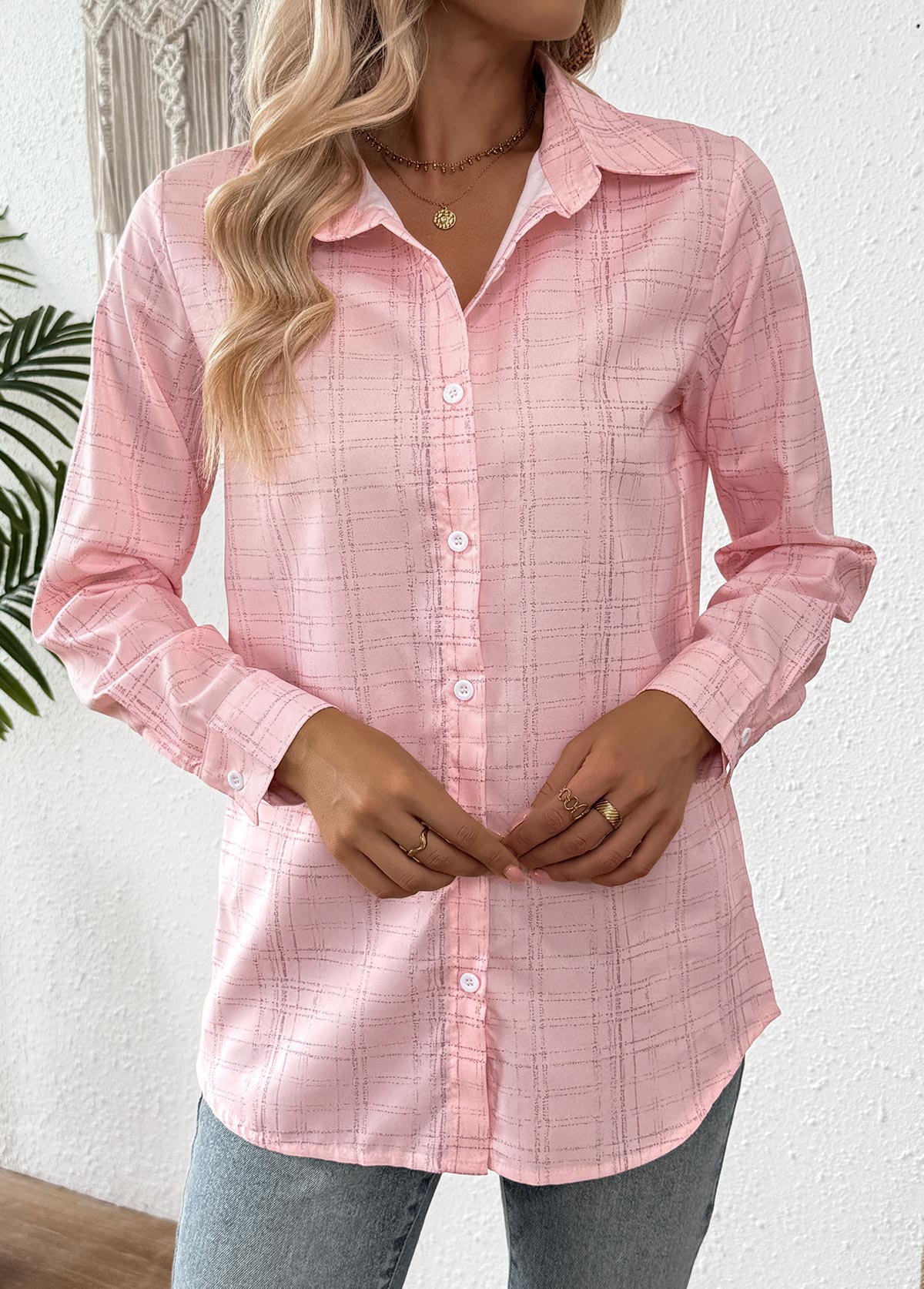 Pink Curved Hem Plaid Long Sleeve Shirt | picture 