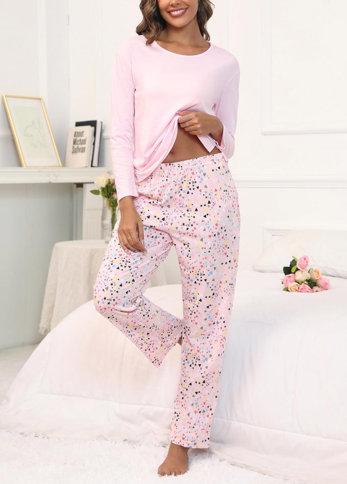 Light Pink Star Print Lounge Top and Pants | picture 