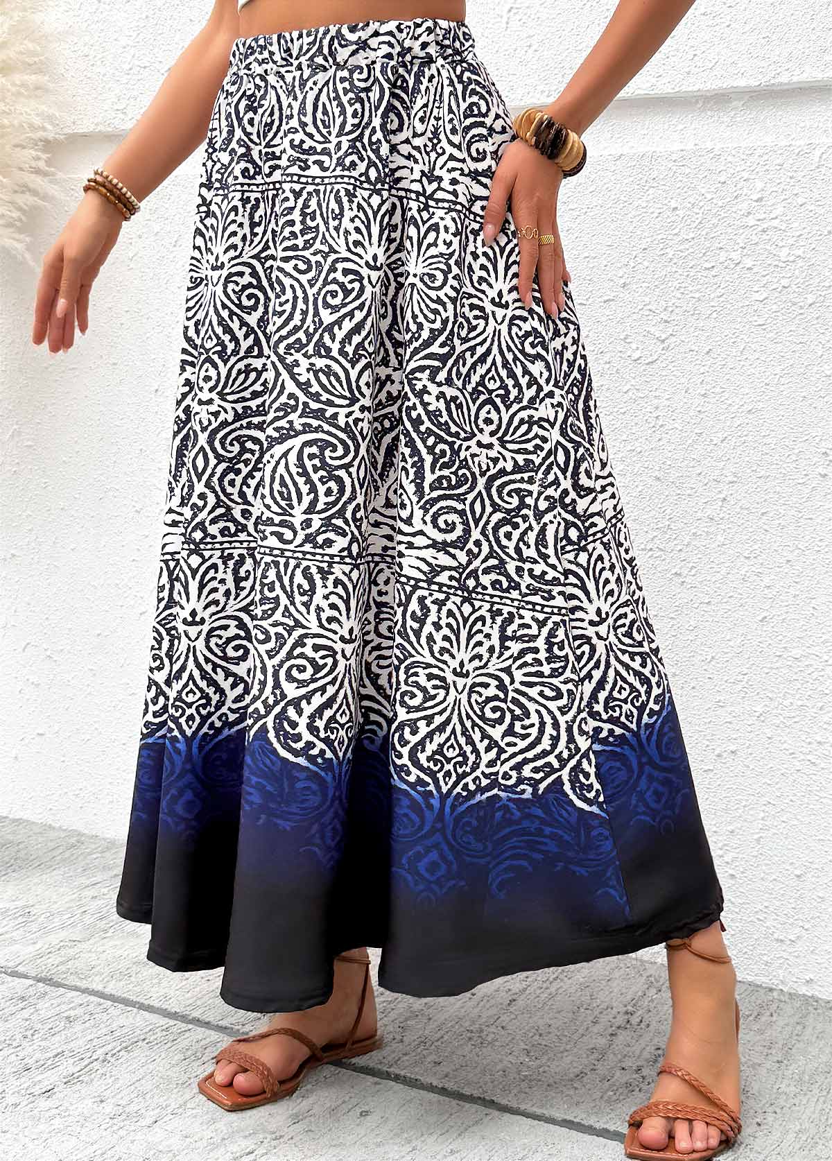 Navy Tribal Print A Line Elastic Waist Maxi Skirt | picture 