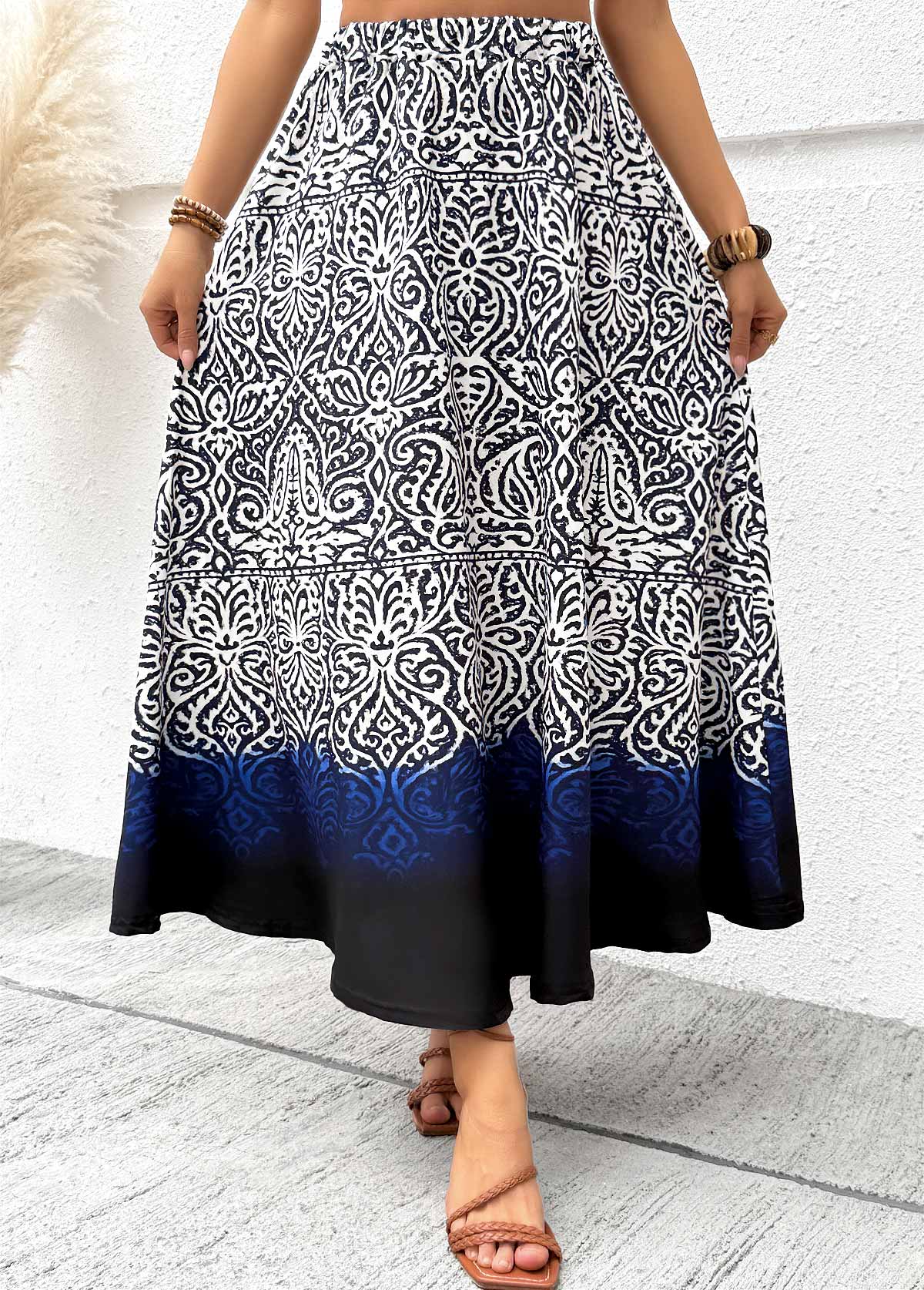 Navy Tribal Print A Line Elastic Waist Maxi Skirt | picture 